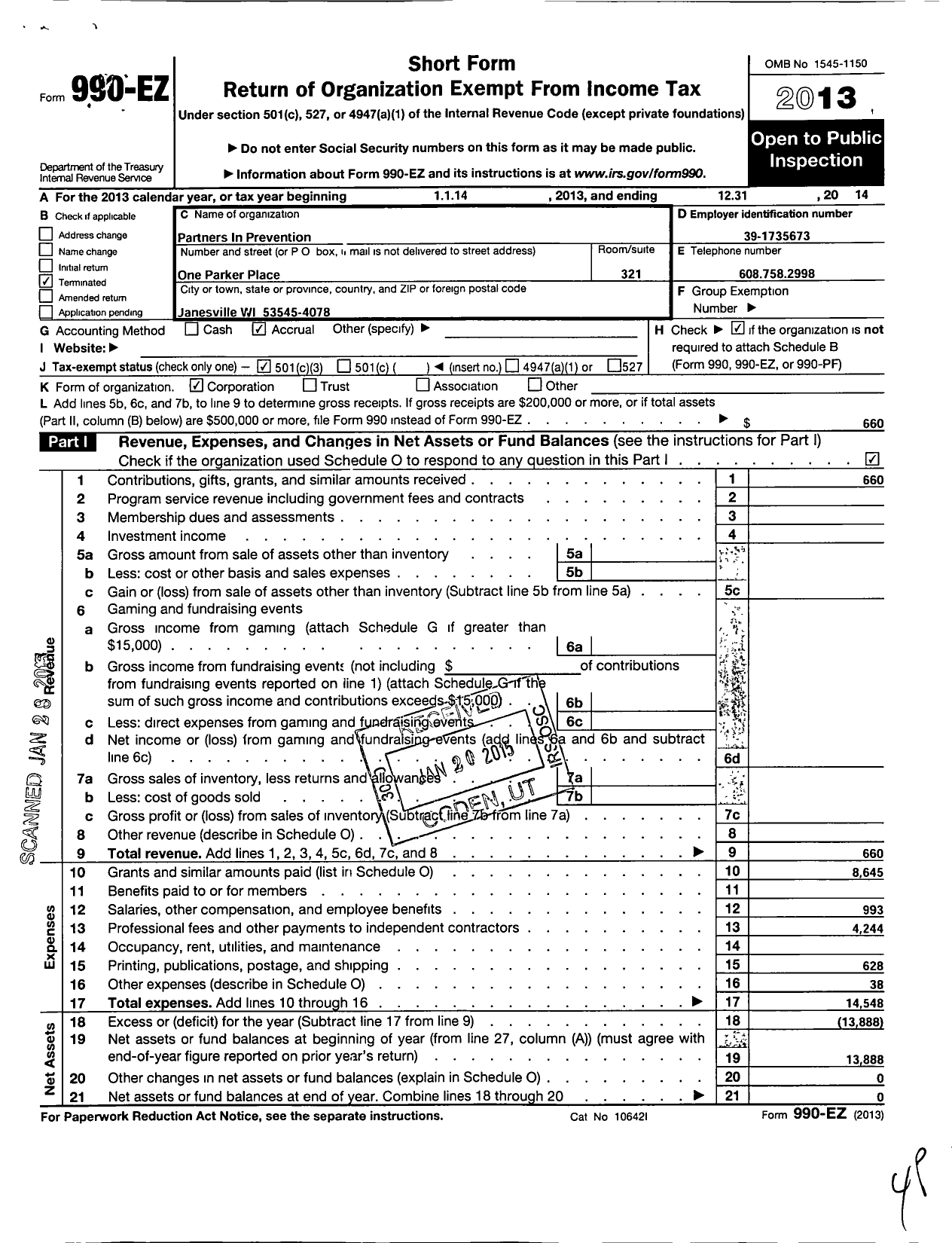 Image of first page of 2014 Form 990EZ for Partners in Prevention