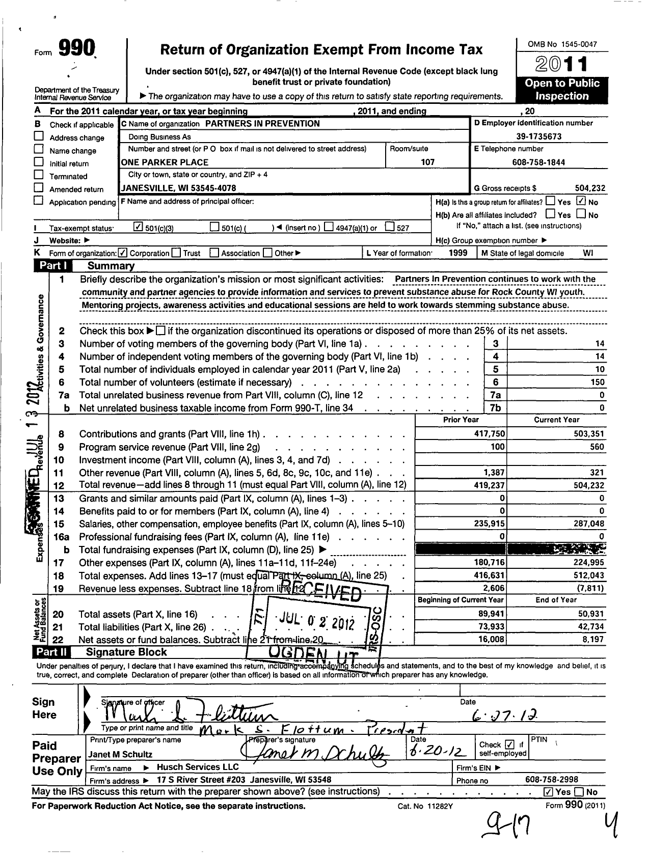 Image of first page of 2011 Form 990 for Partners in Prevention