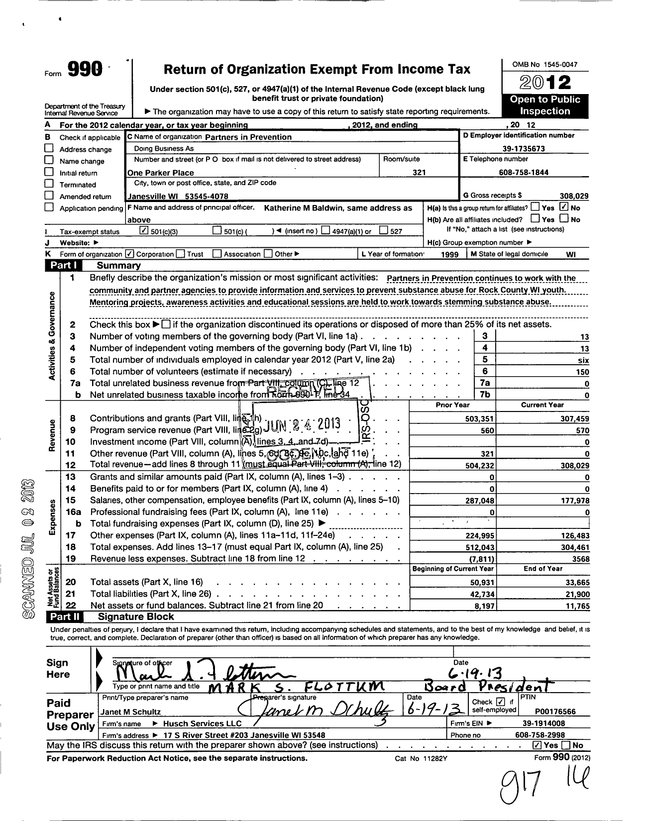 Image of first page of 2012 Form 990 for Partners in Prevention