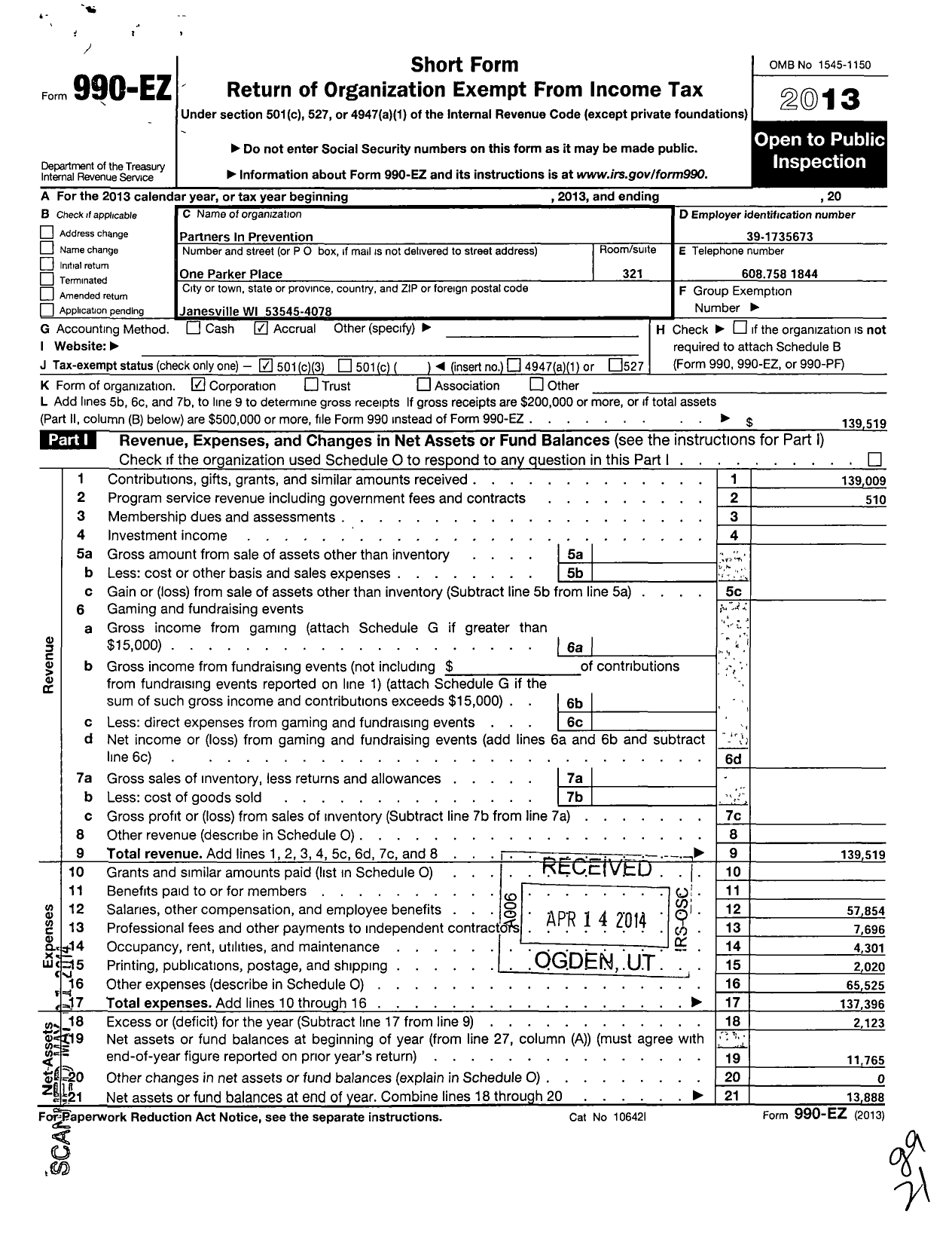 Image of first page of 2013 Form 990EZ for Partners in Prevention