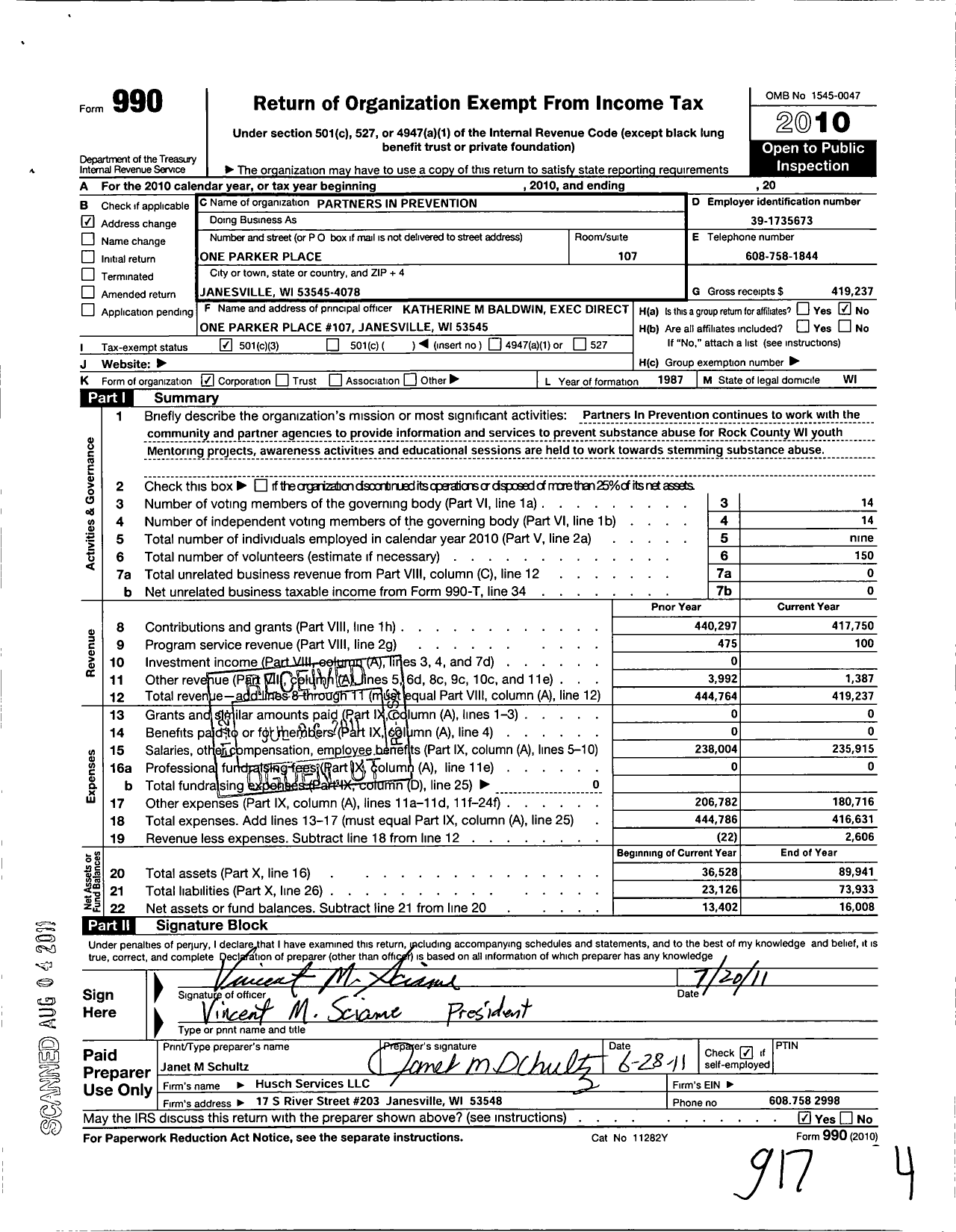 Image of first page of 2010 Form 990 for Partners in Prevention