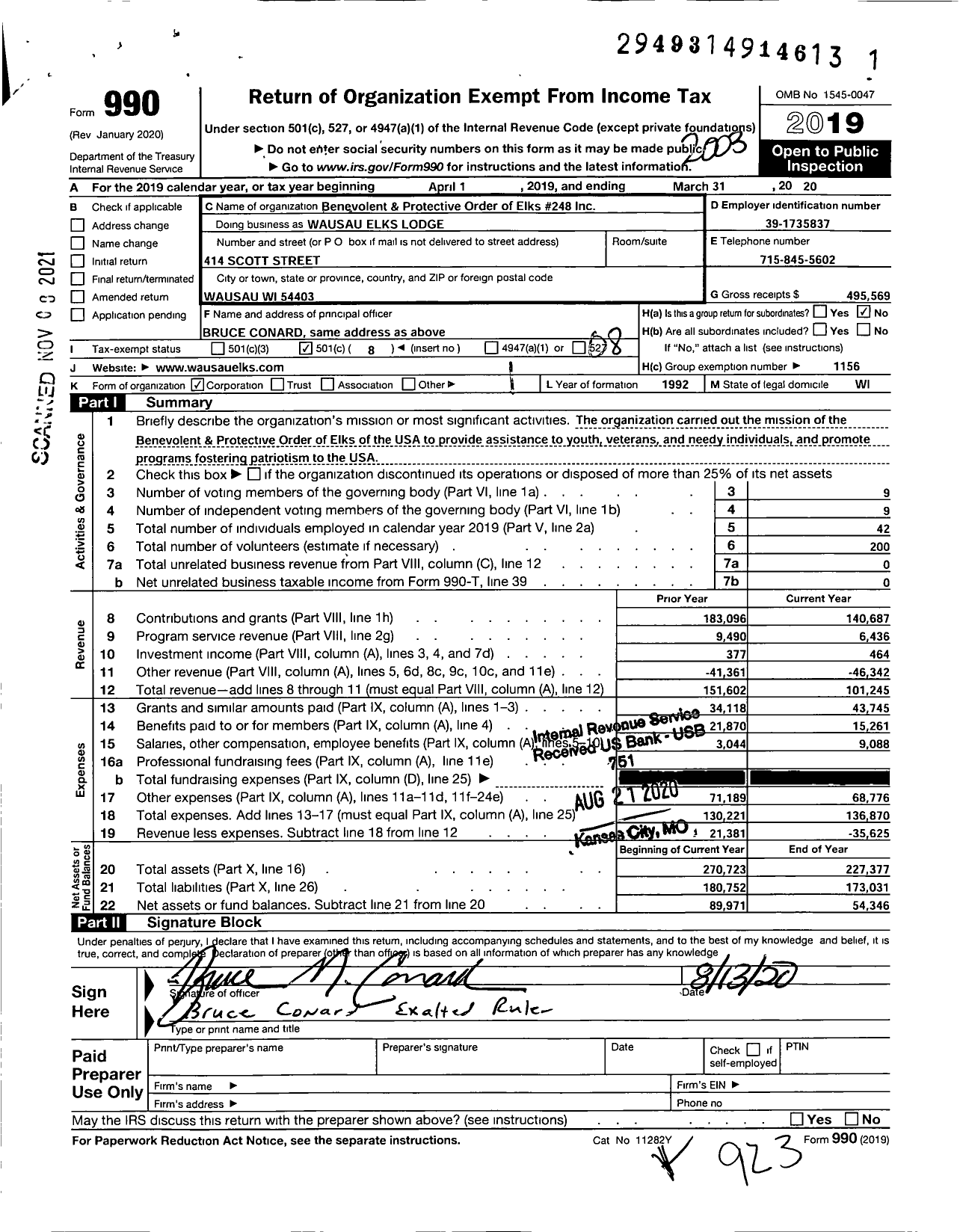 Image of first page of 2019 Form 990O for Benevolent and Protective Order of Elks - Wausau Elks Lodge