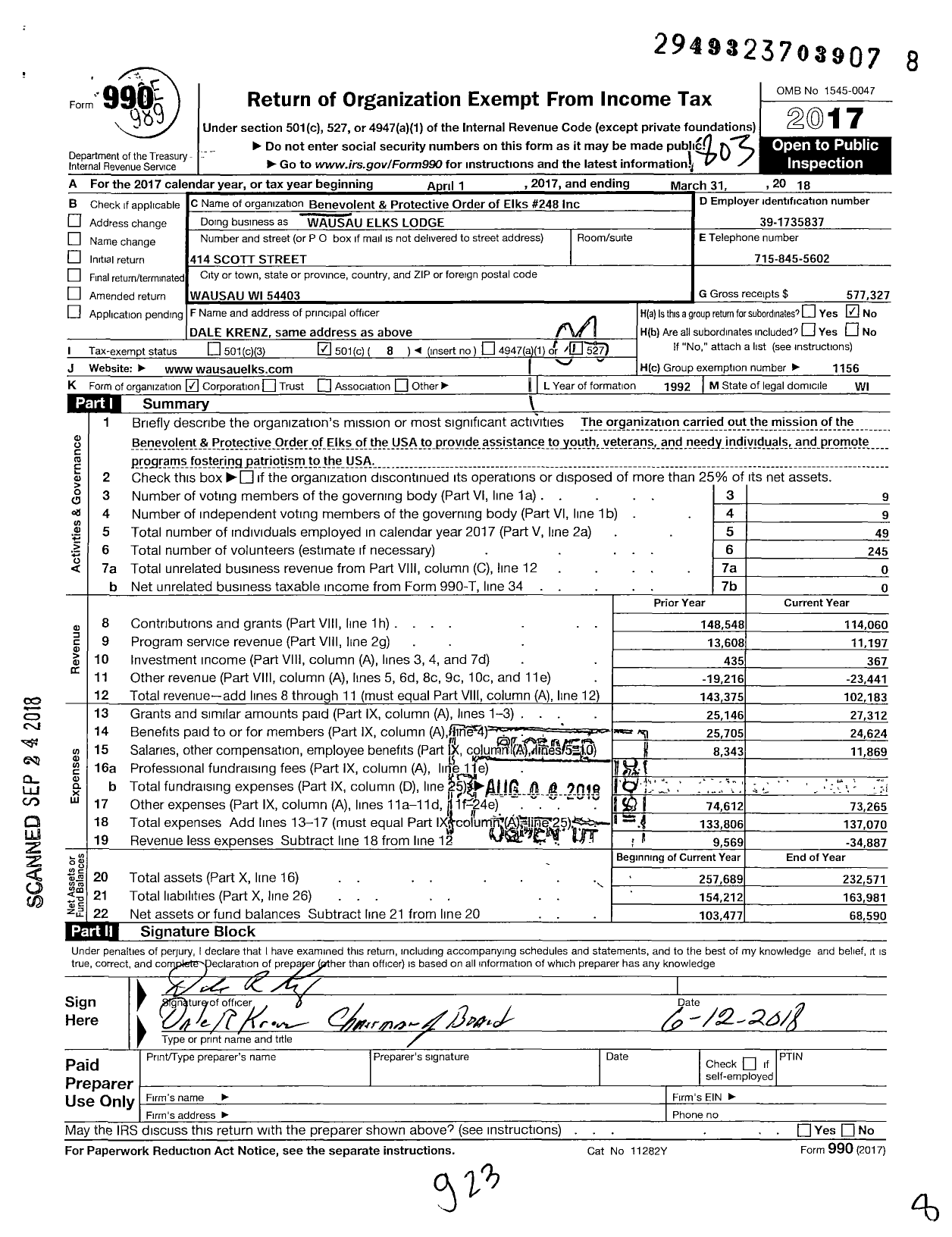 Image of first page of 2017 Form 990O for Benevolent and Protective Order of Elks - Wausau Elks Lodge