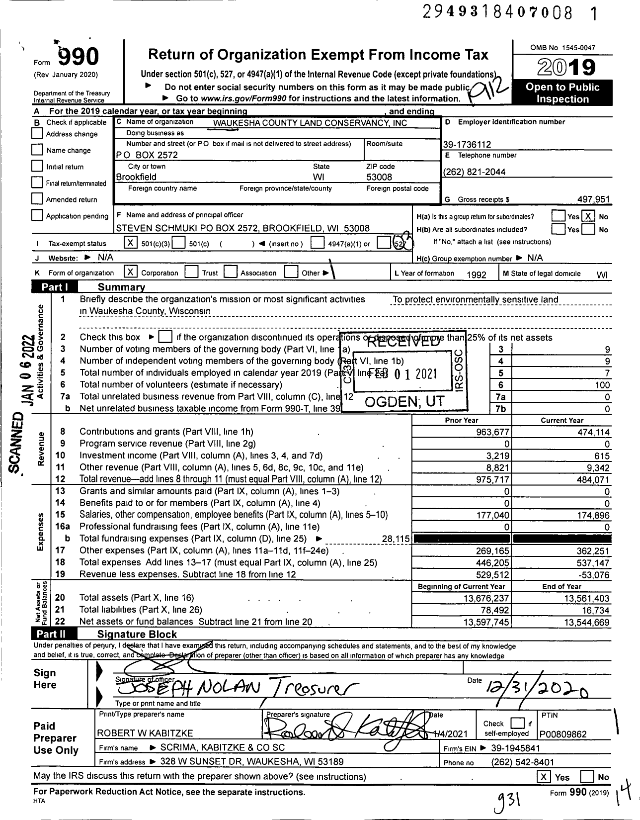 Image of first page of 2019 Form 990 for Waukesha County Land Conservancy