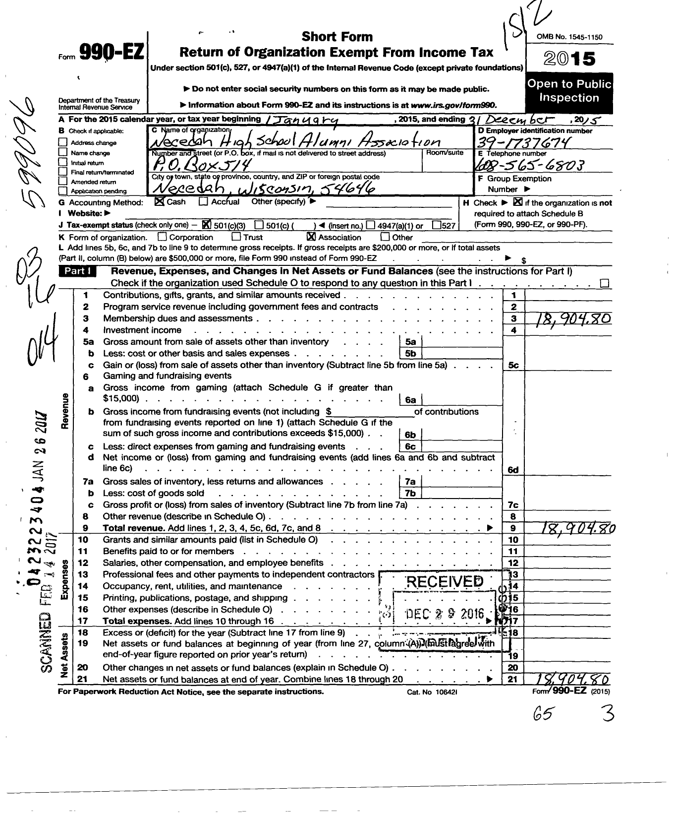 Image of first page of 2015 Form 990EZ for Necedah High School Alumni Association