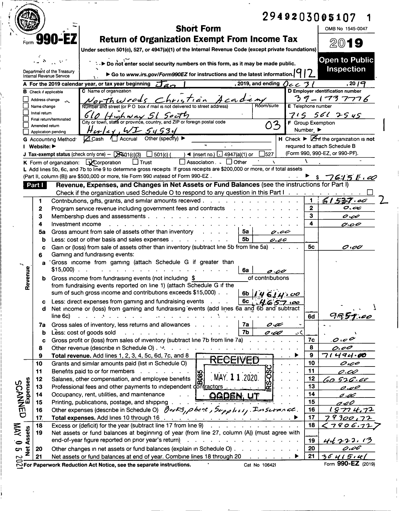 Image of first page of 2019 Form 990EZ for Northwoods Christian Academy