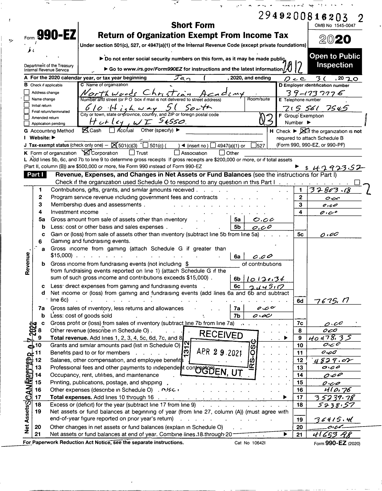 Image of first page of 2020 Form 990EZ for Northwoods Christian Academy