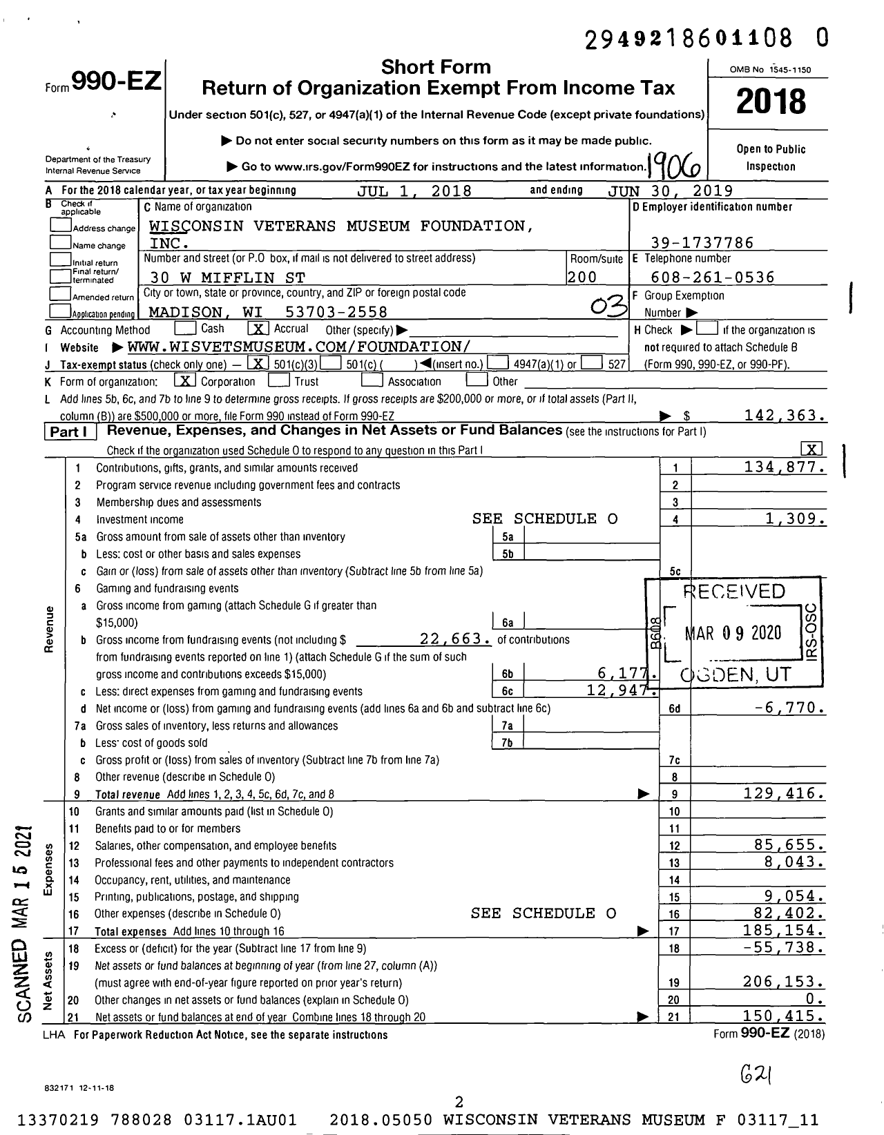 Image of first page of 2018 Form 990EZ for Wisconsin Veterans Museum Foundation