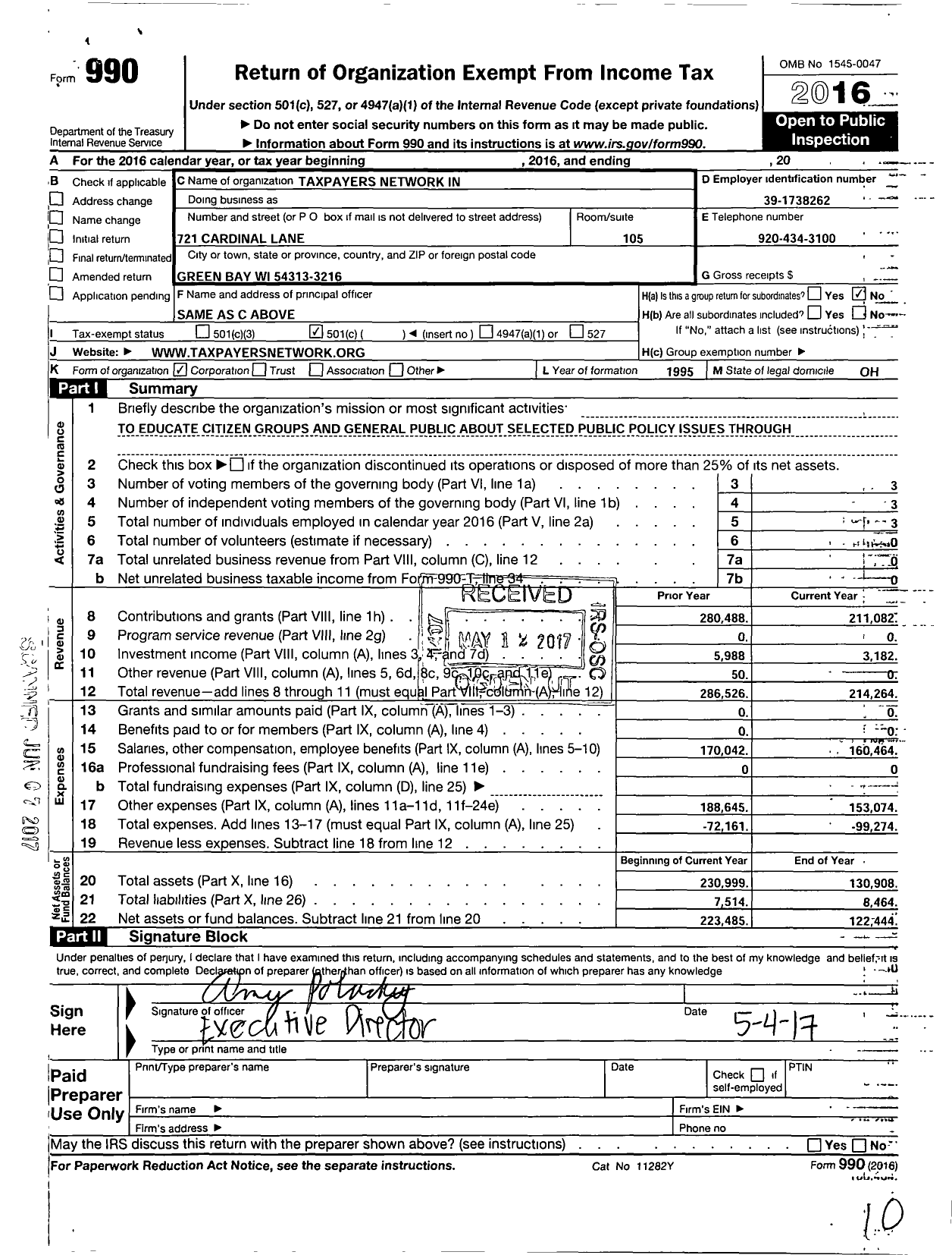 Image of first page of 2016 Form 990O for Taxpayers Network