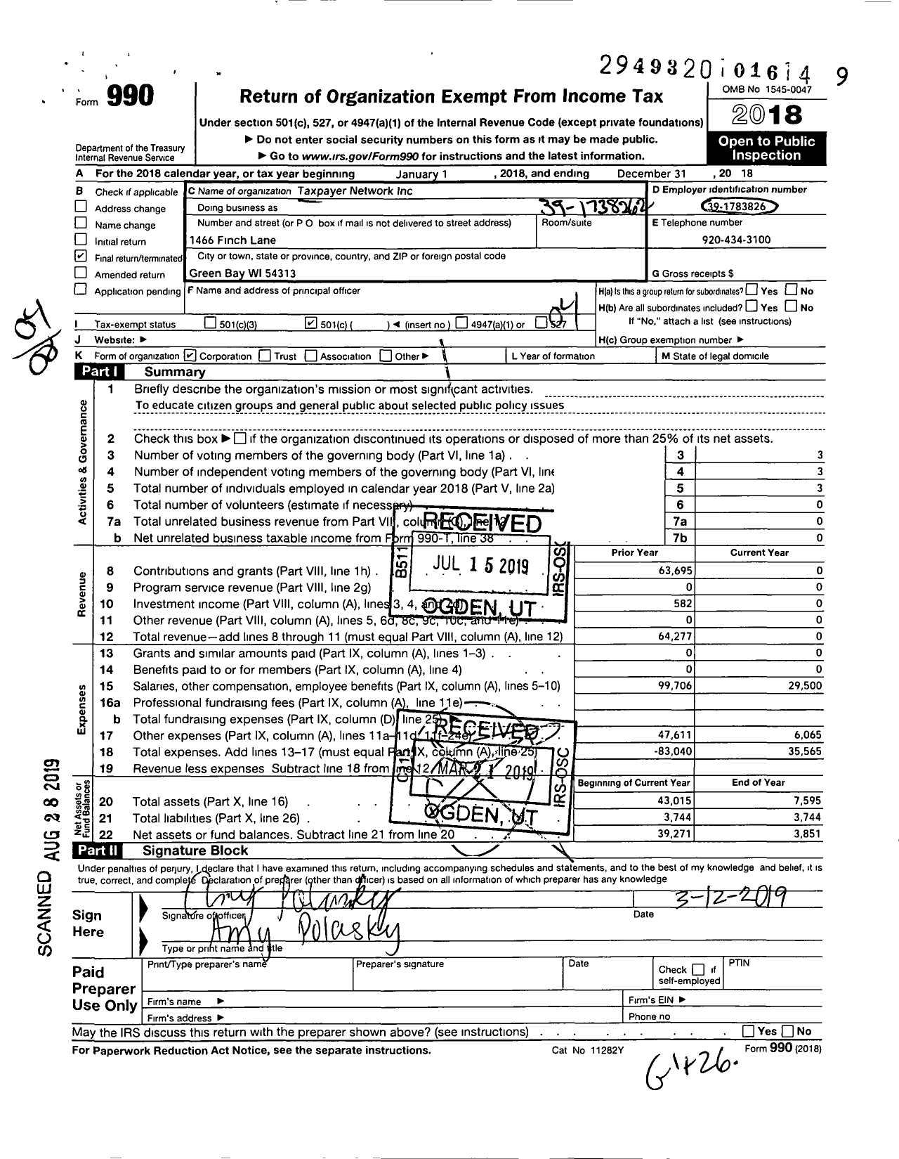 Image of first page of 2018 Form 990O for Taxpayers Network