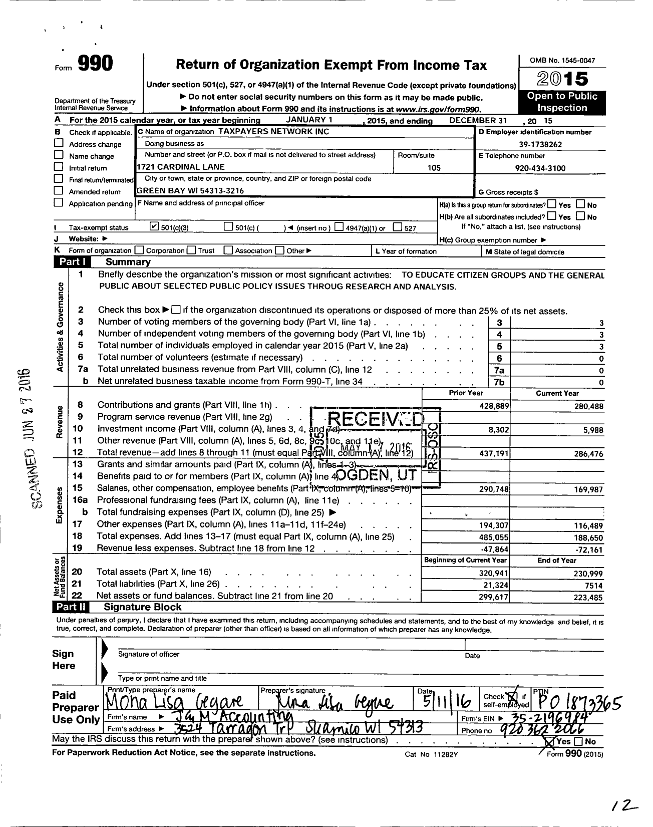 Image of first page of 2015 Form 990 for Taxpayers Network
