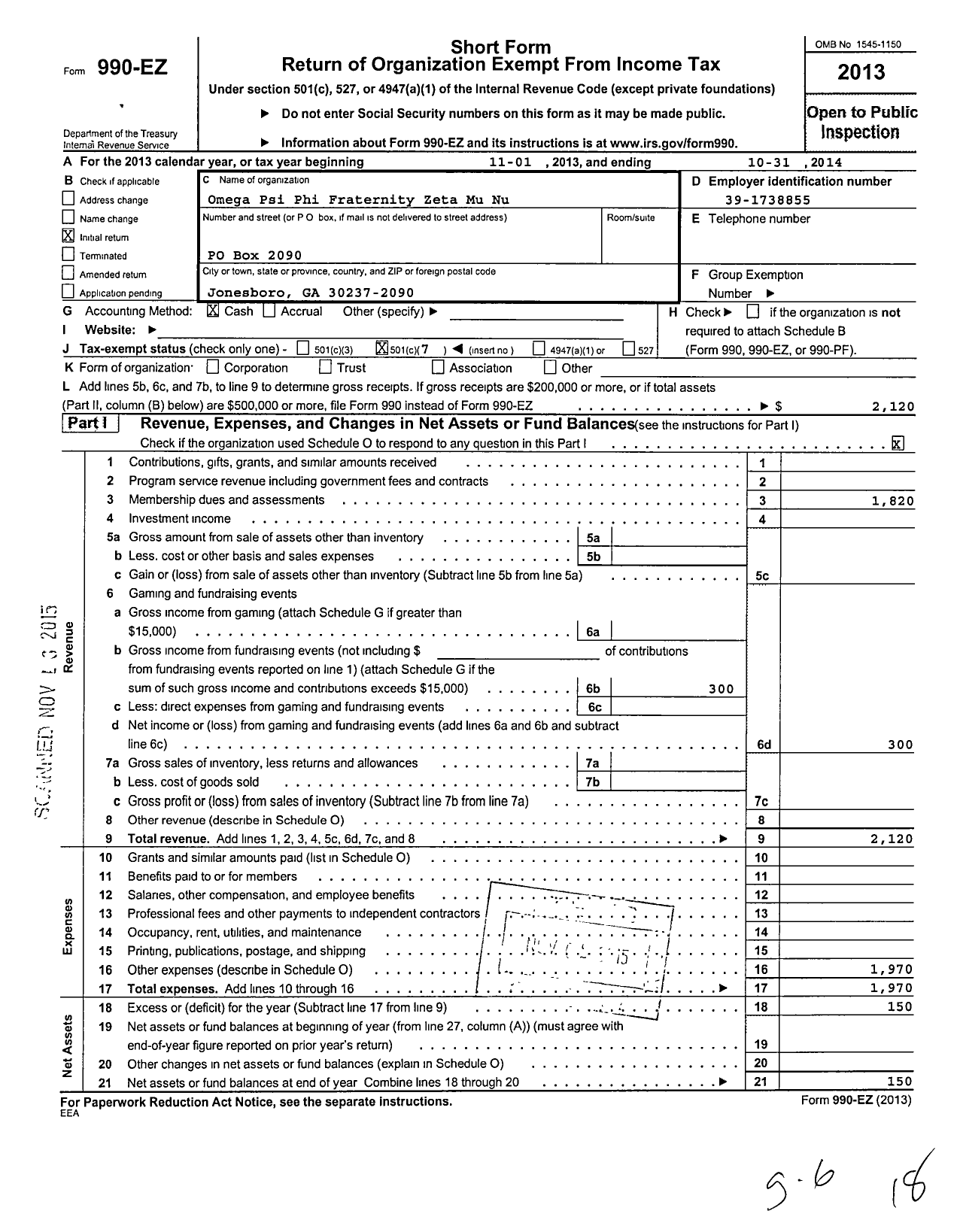 Image of first page of 2013 Form 990EO for Omega Psi Phi Fraternity / Zeta Mu Nu