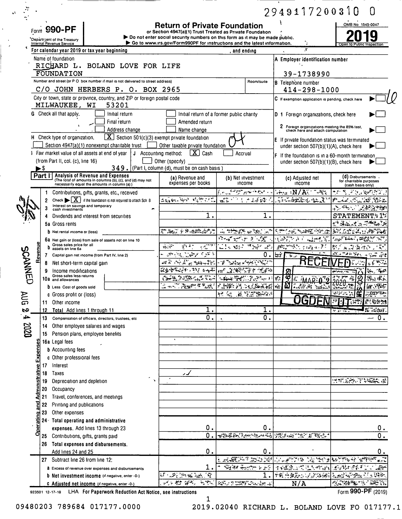 Image of first page of 2019 Form 990PR for Betty and Dick Boland Foundation