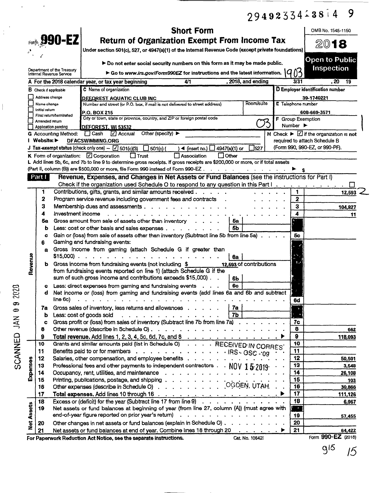 Image of first page of 2018 Form 990EZ for DeForest Aquatic Club Inc DFAC Swimming