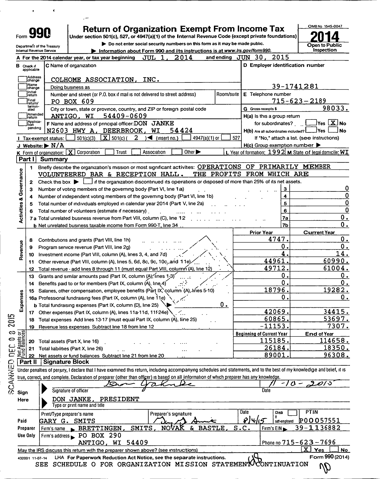 Image of first page of 2014 Form 990O for Colhome Association
