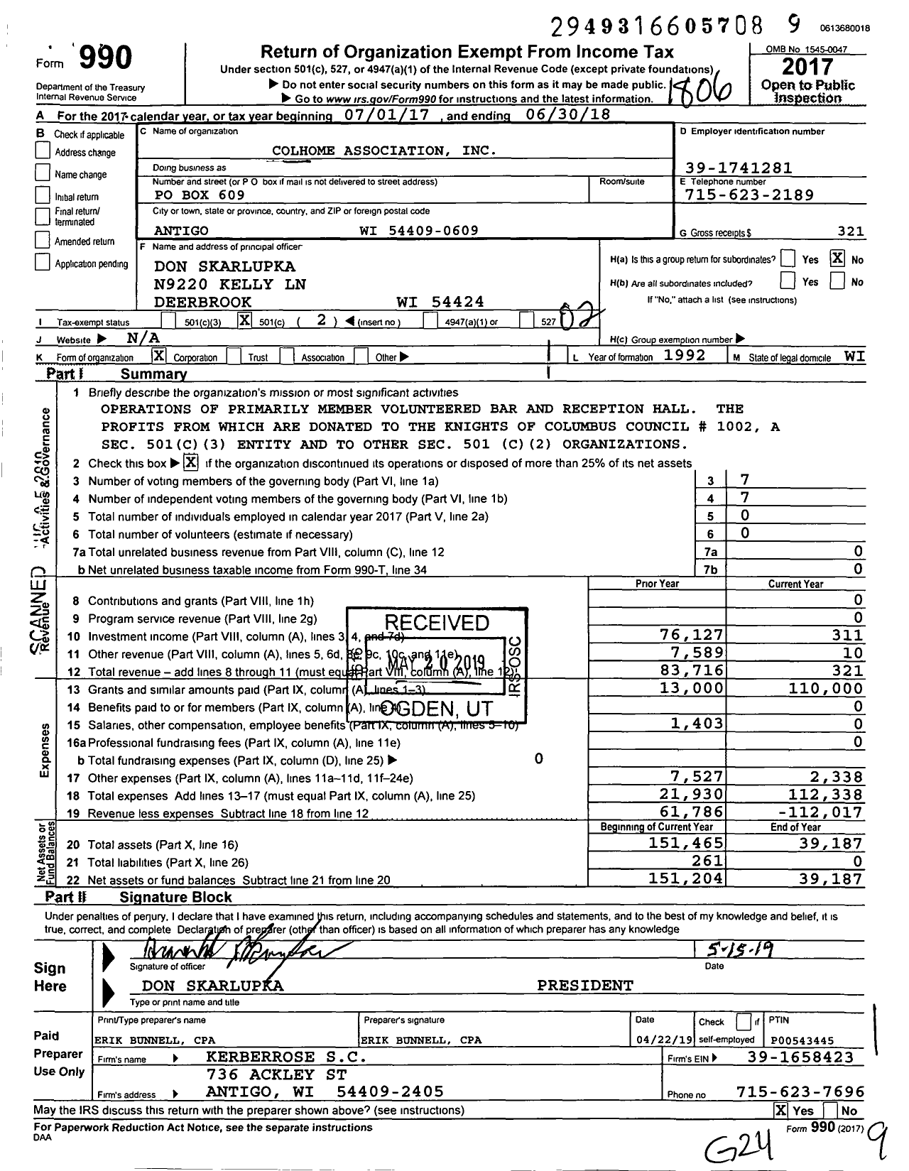 Image of first page of 2017 Form 990O for Colhome Association