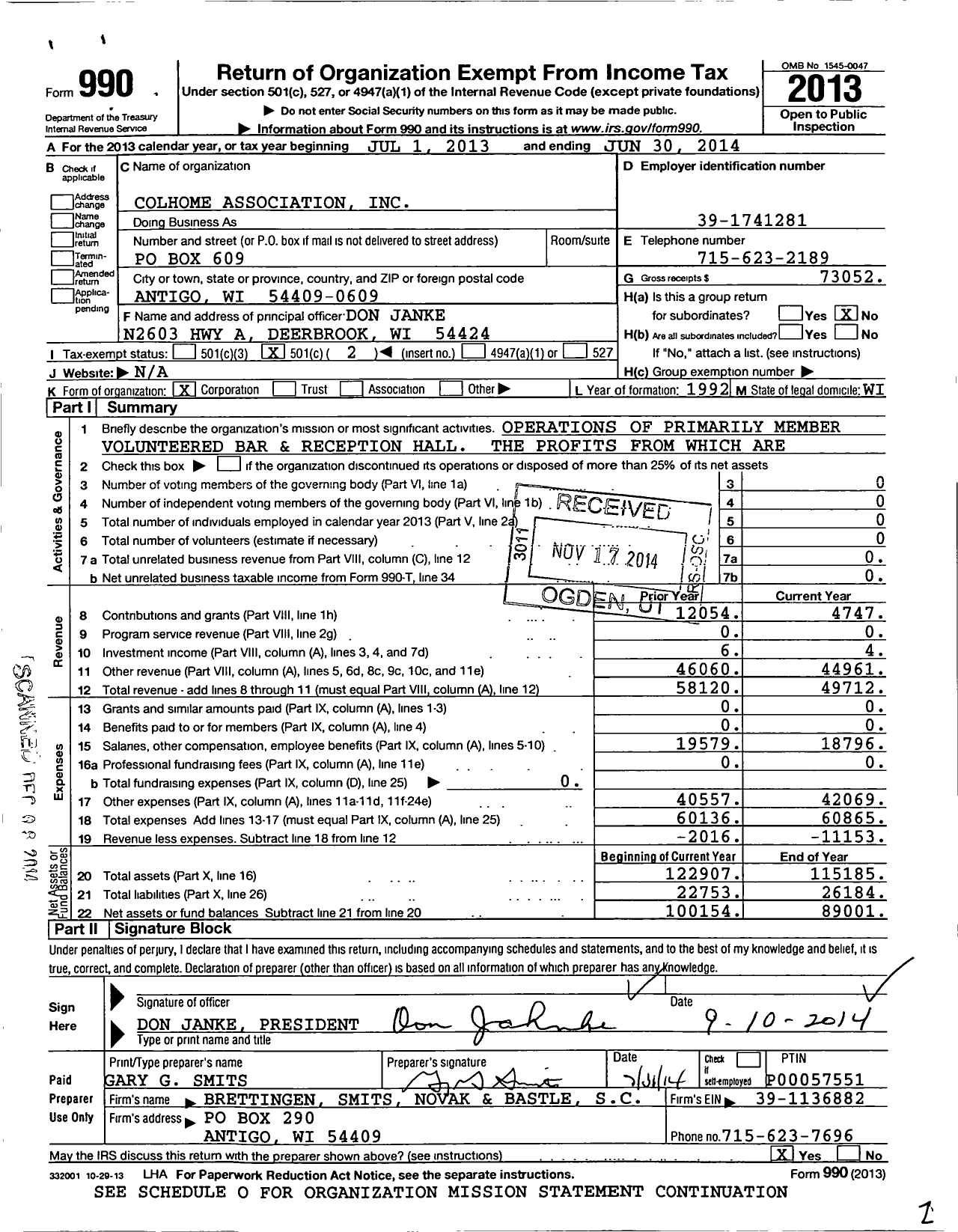 Image of first page of 2013 Form 990O for Colhome Association
