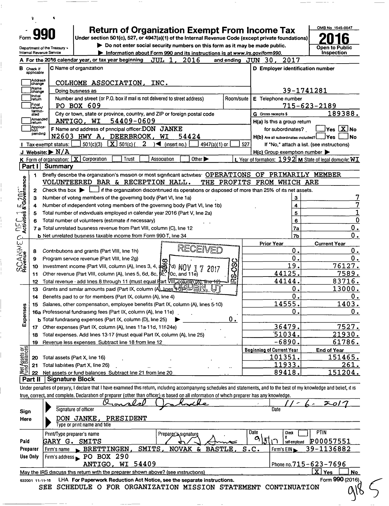 Image of first page of 2016 Form 990O for Colhome Association