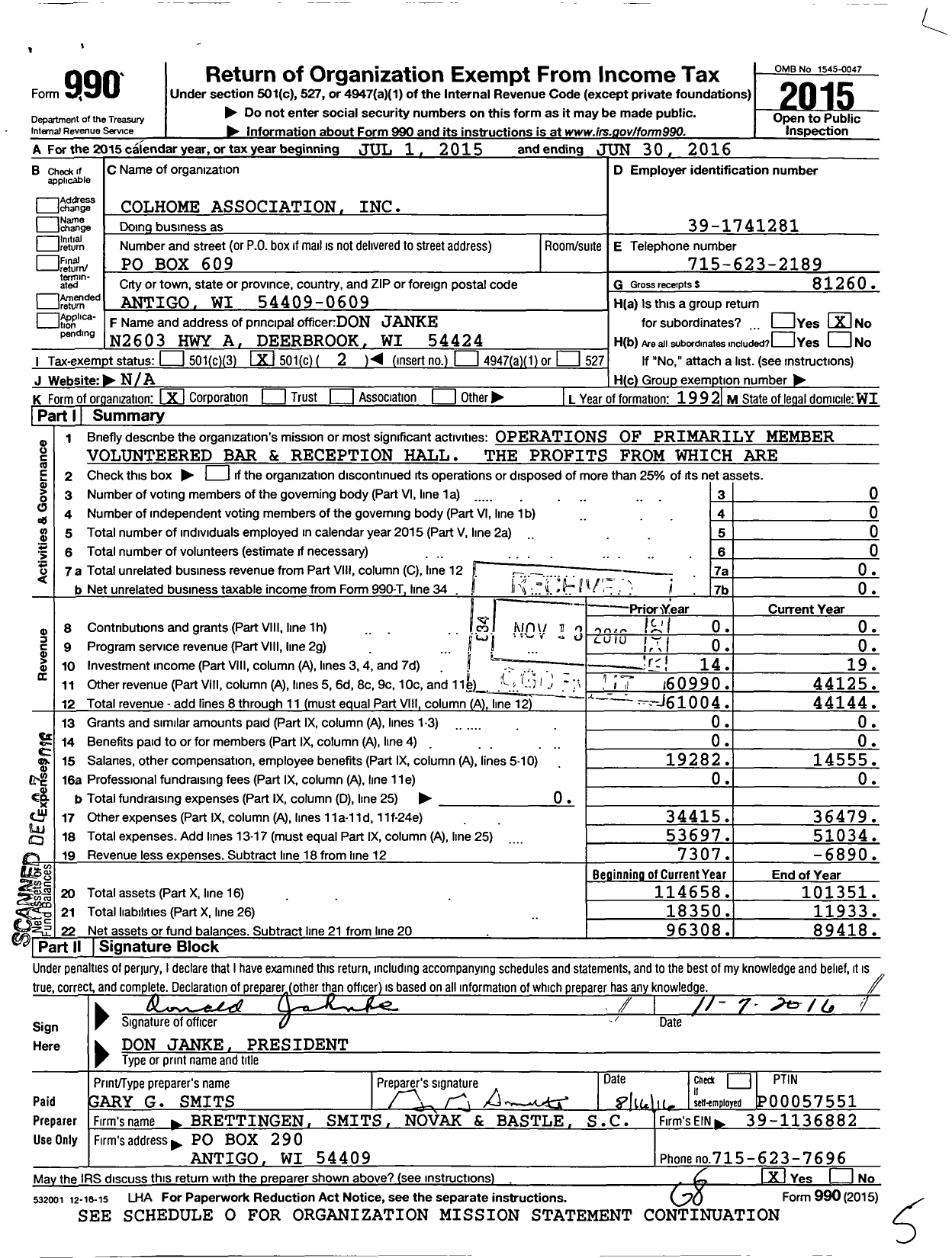 Image of first page of 2015 Form 990O for Colhome Association