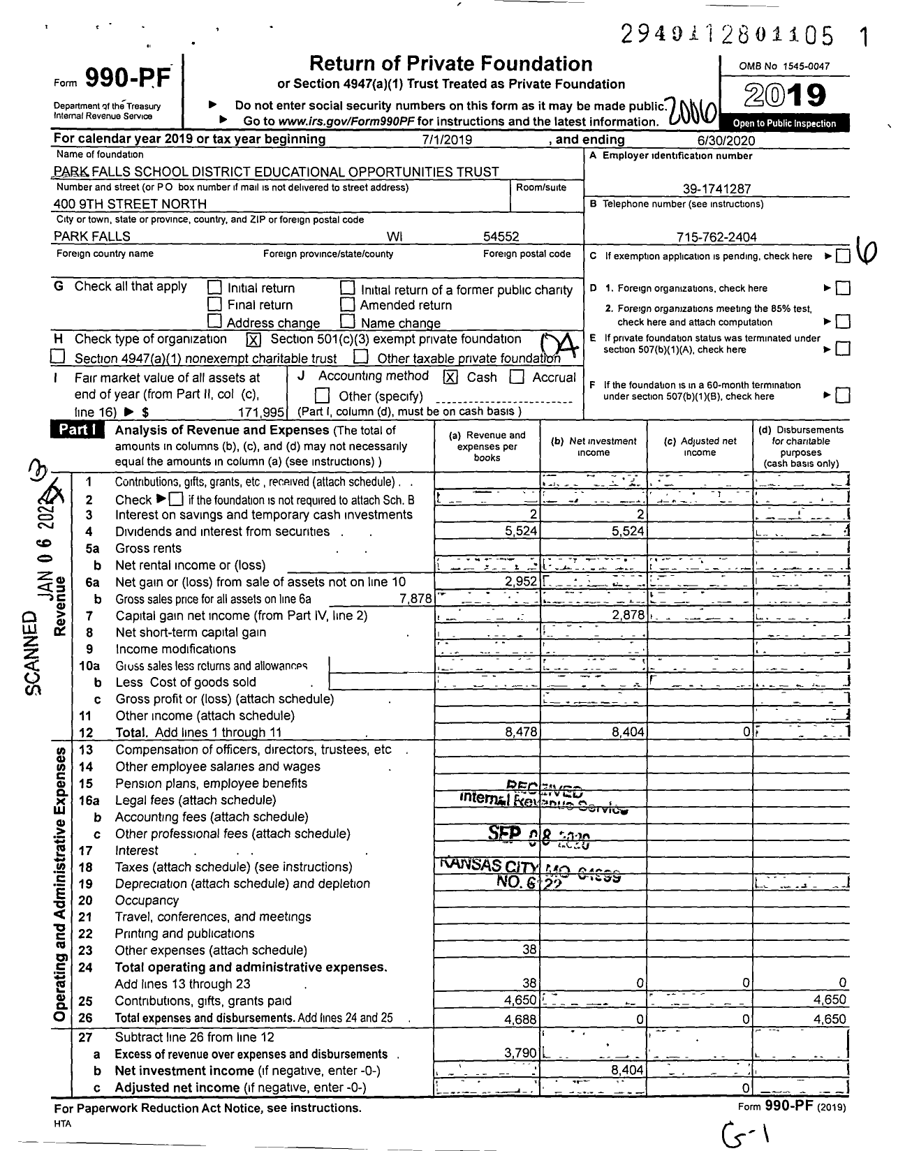 Image of first page of 2019 Form 990PF for Park Falls School District Educational Opportunities Trust