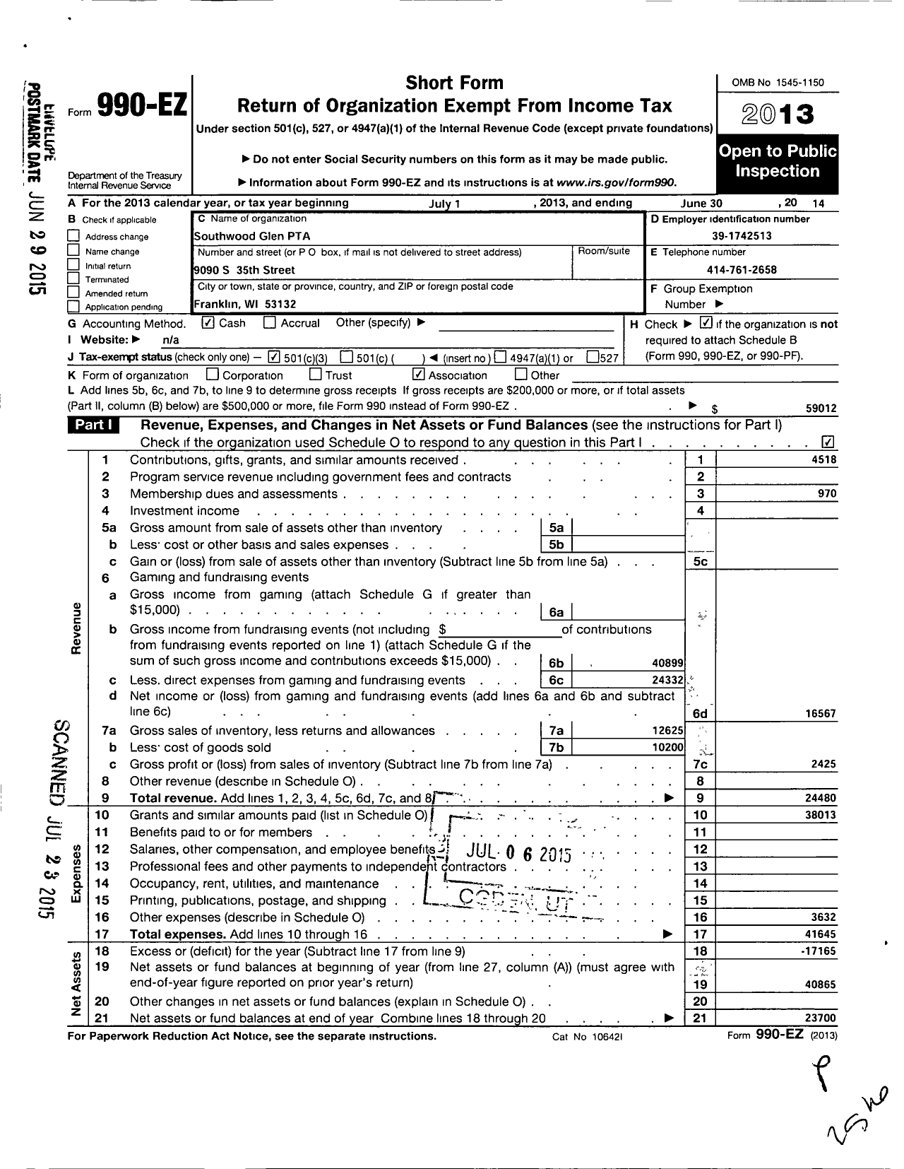 Image of first page of 2013 Form 990EZ for PTA Wisconsin Congress / Southwood Glen PTA