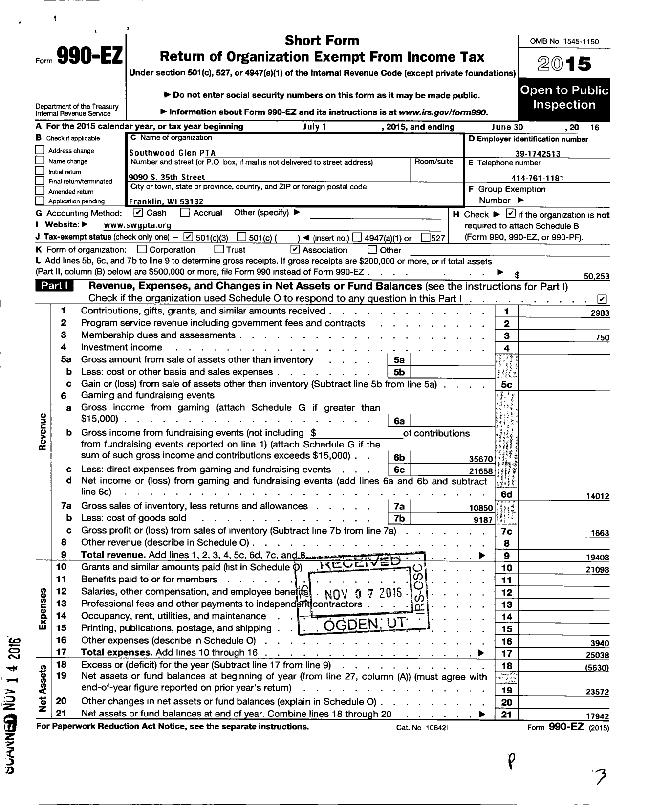 Image of first page of 2015 Form 990EZ for PTA Wisconsin Congress / Southwood Glen PTA