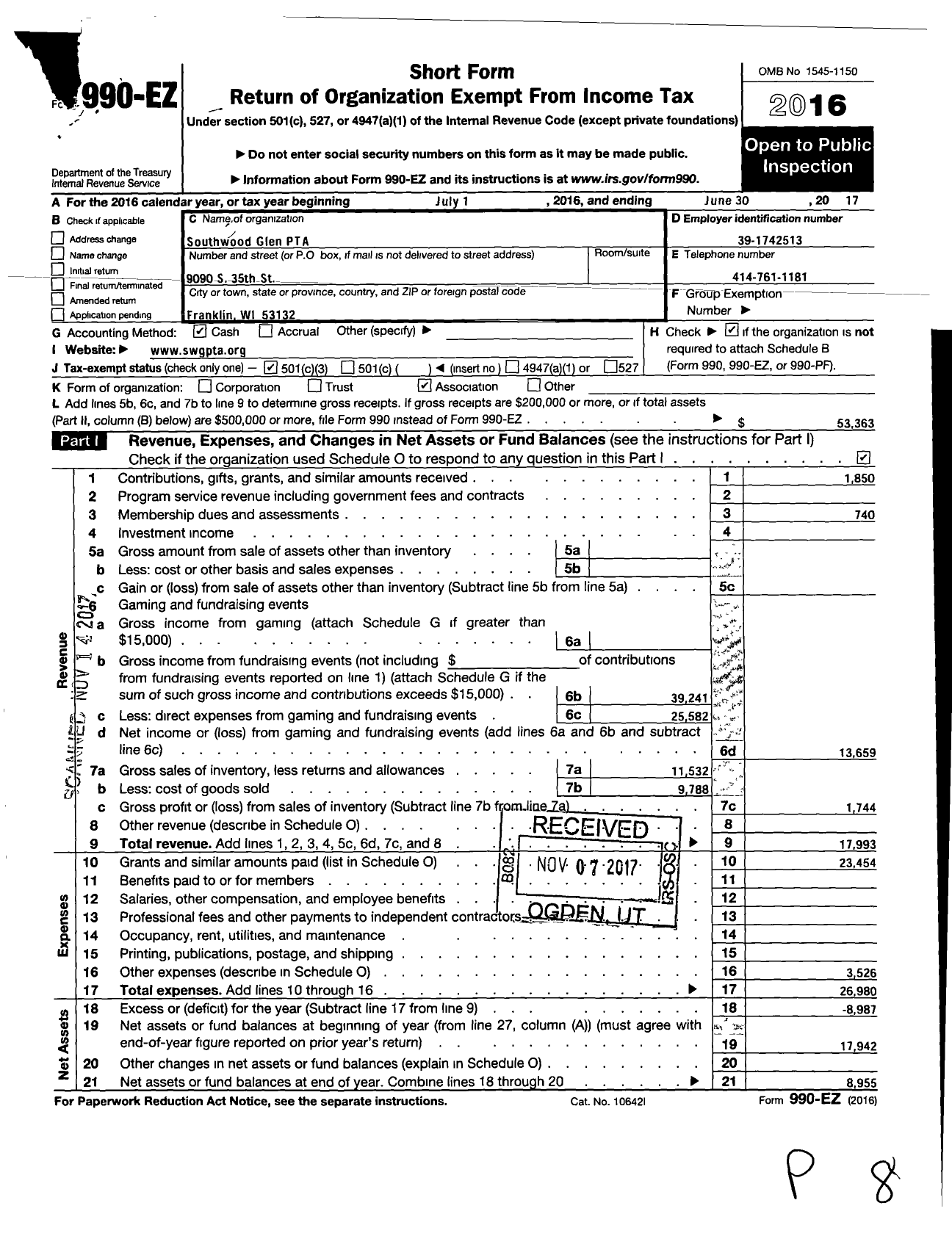 Image of first page of 2016 Form 990EZ for PTA Wisconsin Congress / Southwood Glen PTA