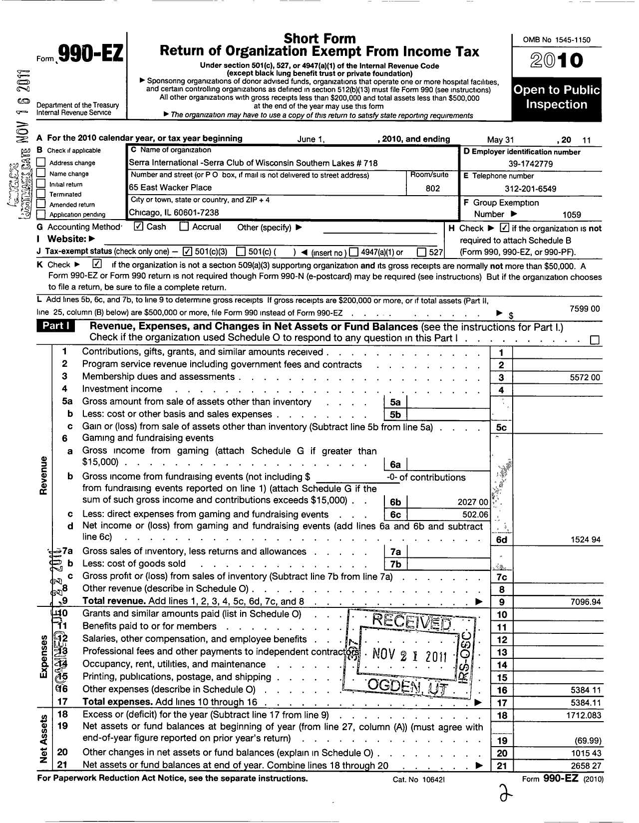 Image of first page of 2010 Form 990EZ for Serra International / 718 Club of Wisconsin Southern Lake