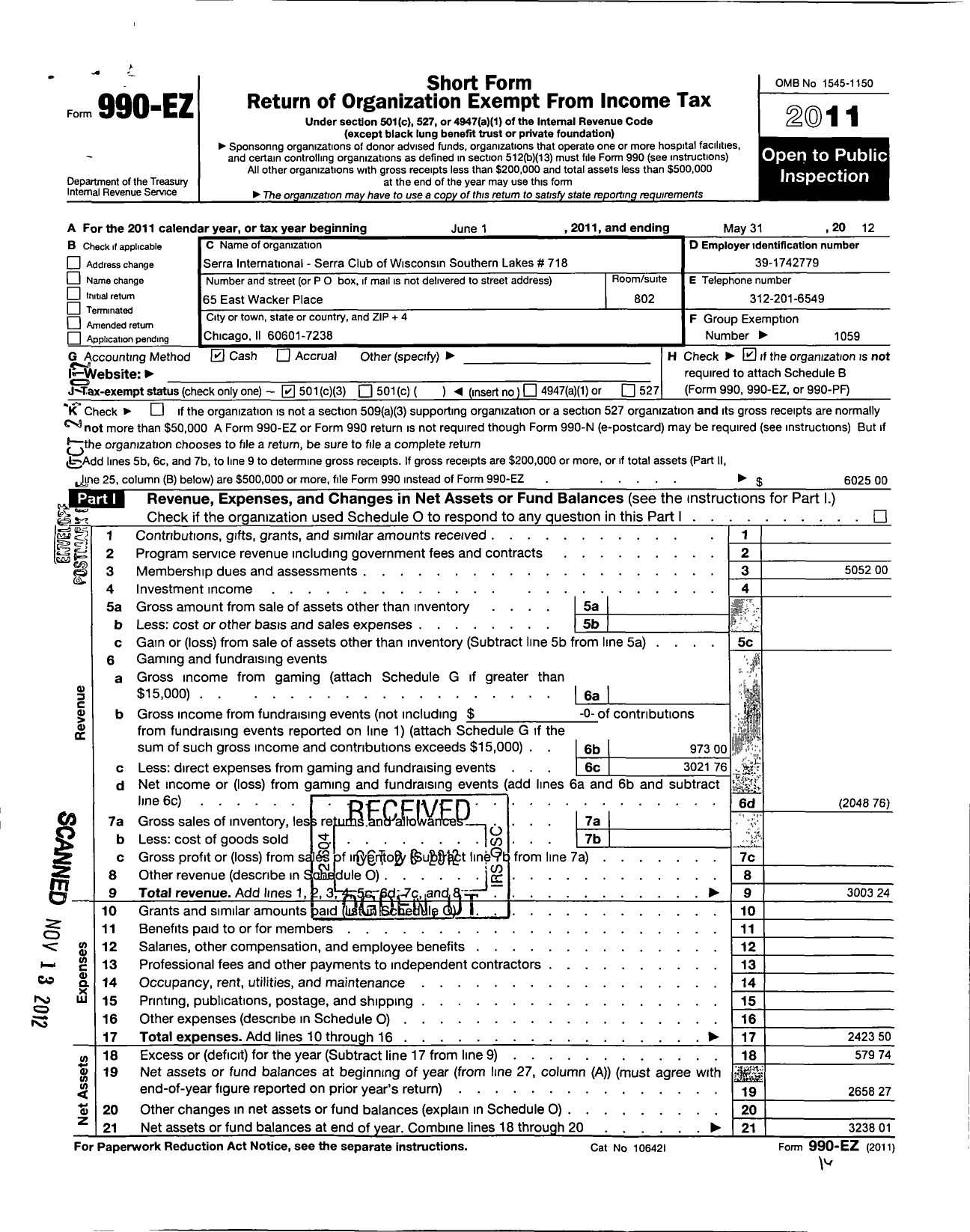 Image of first page of 2011 Form 990EZ for Serra International / 718 Club of Wisconsin Southern Lake