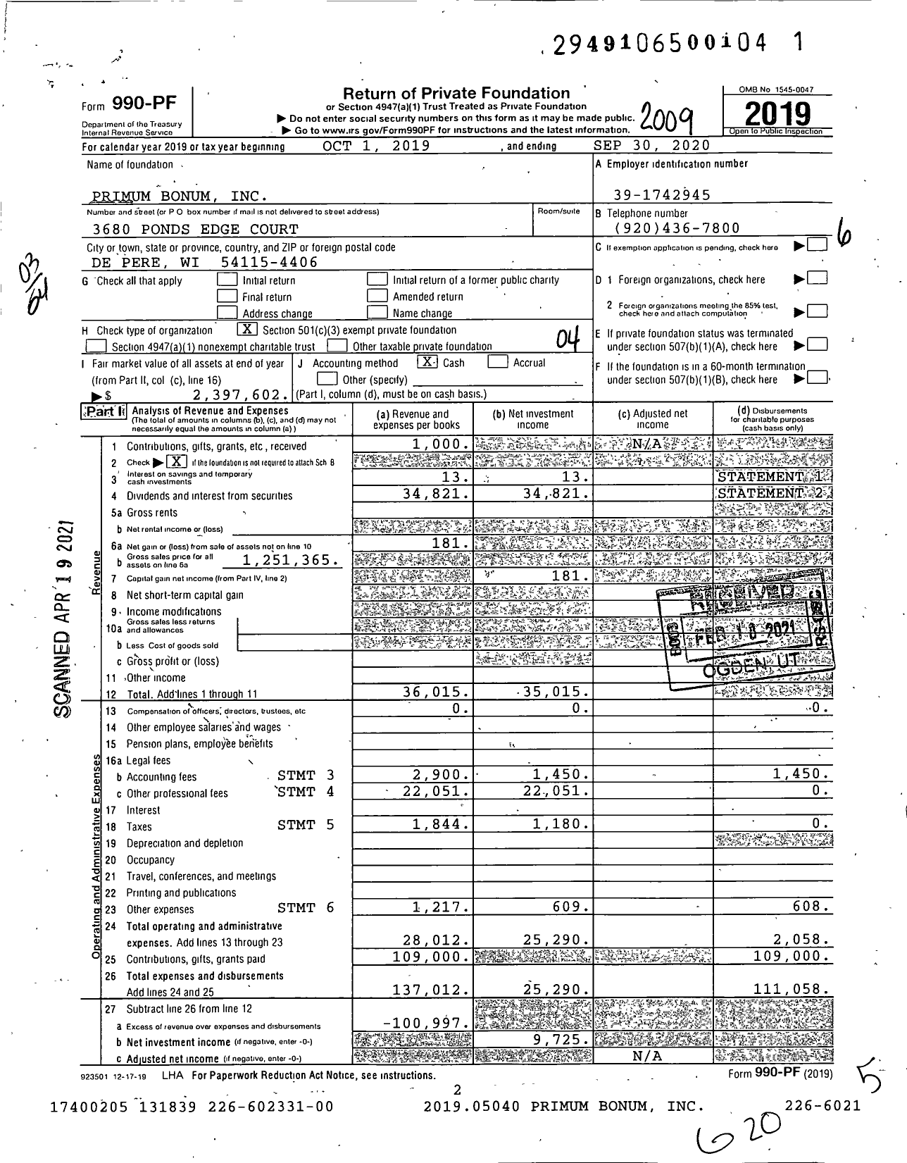 Image of first page of 2019 Form 990PF for Primum Bonum