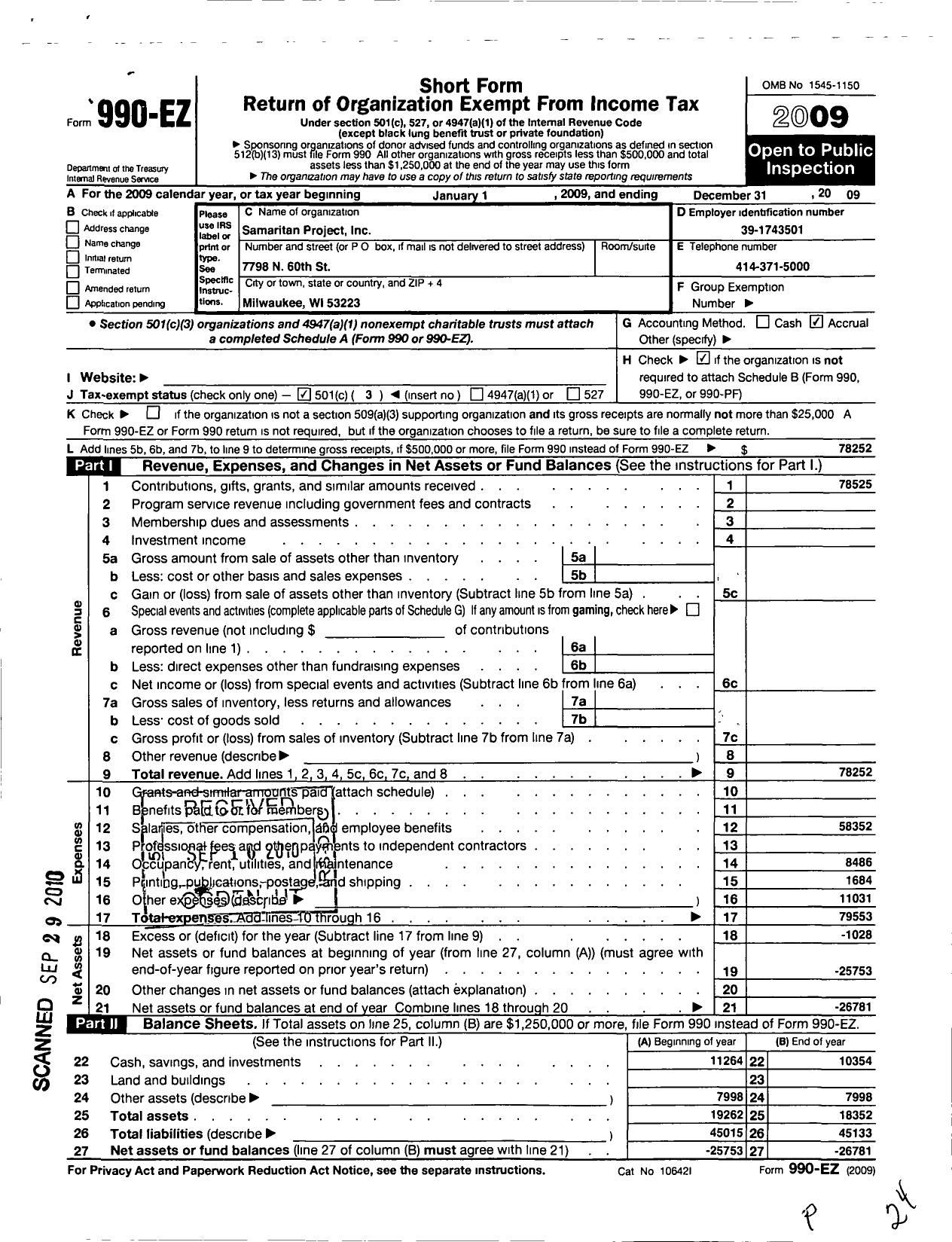 Image of first page of 2009 Form 990EZ for Samaritan Project