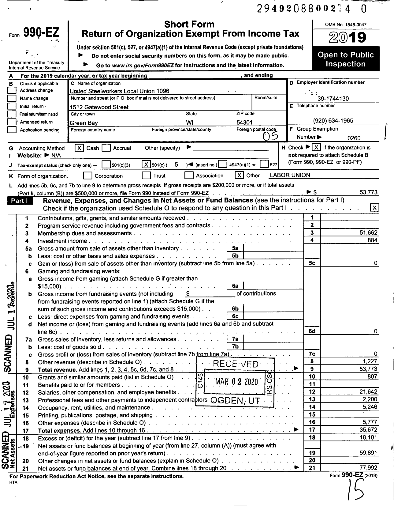 Image of first page of 2019 Form 990EO for United Steelworkers - 01096 Local