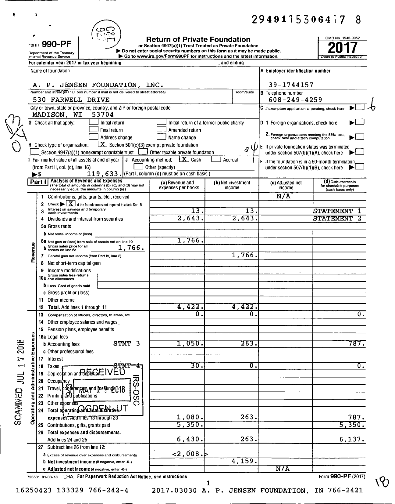 Image of first page of 2017 Form 990PF for Ap Jensen Foundation