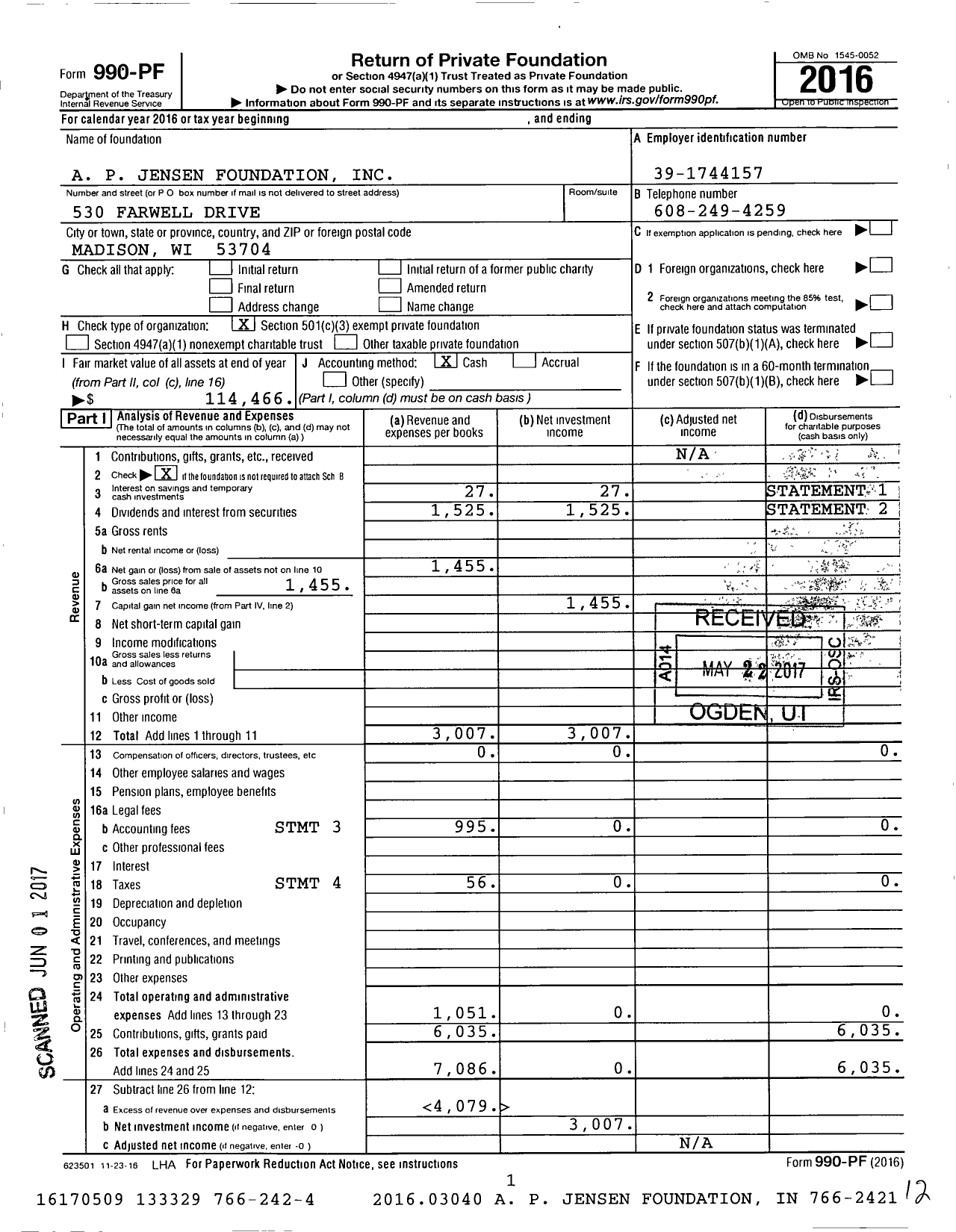 Image of first page of 2016 Form 990PF for Ap Jensen Foundation