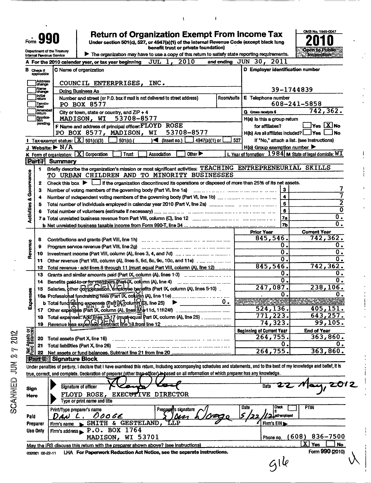 Image of first page of 2010 Form 990 for Council Enterprises