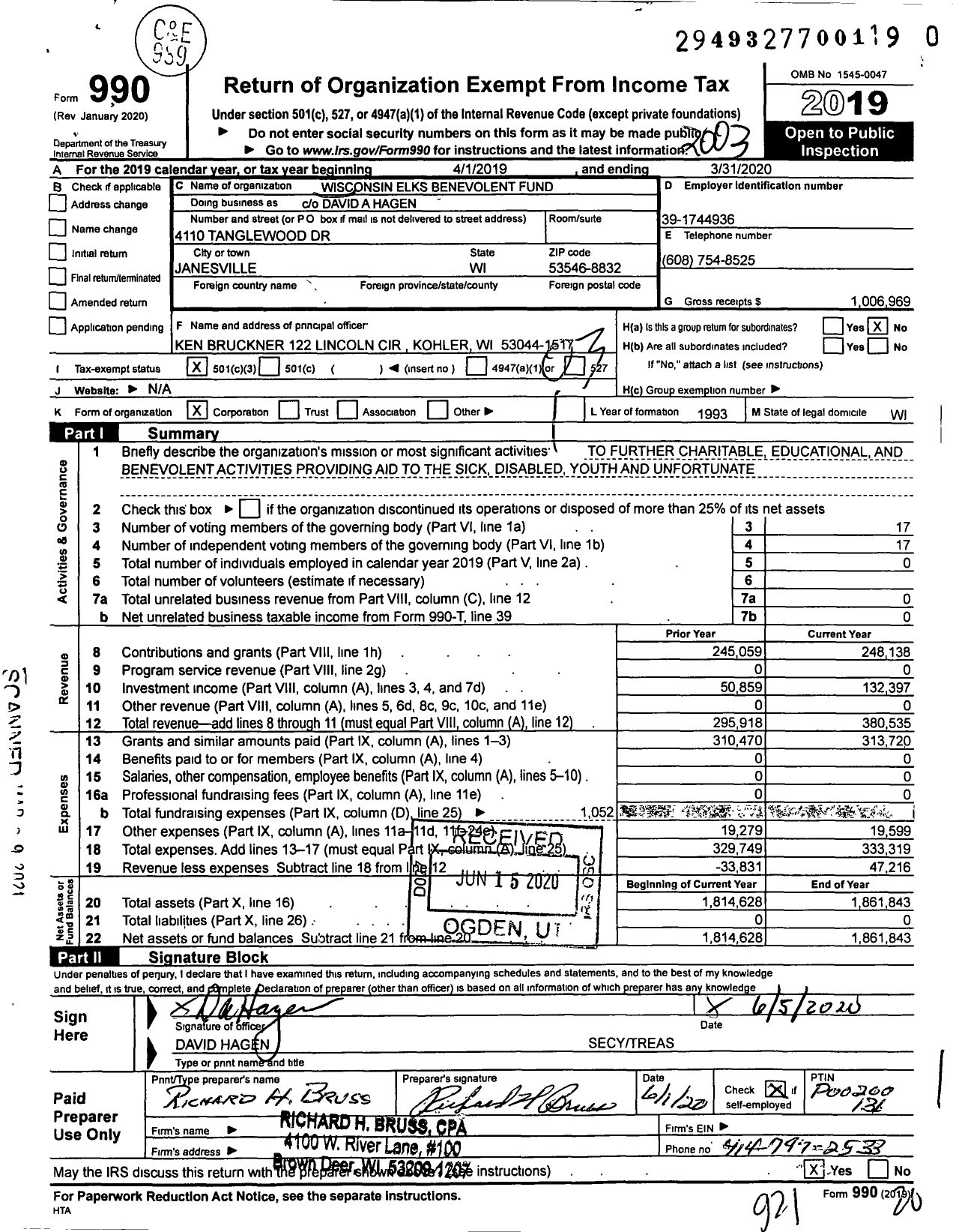 Image of first page of 2019 Form 990 for Wisconsin Elks Benevolent Fund