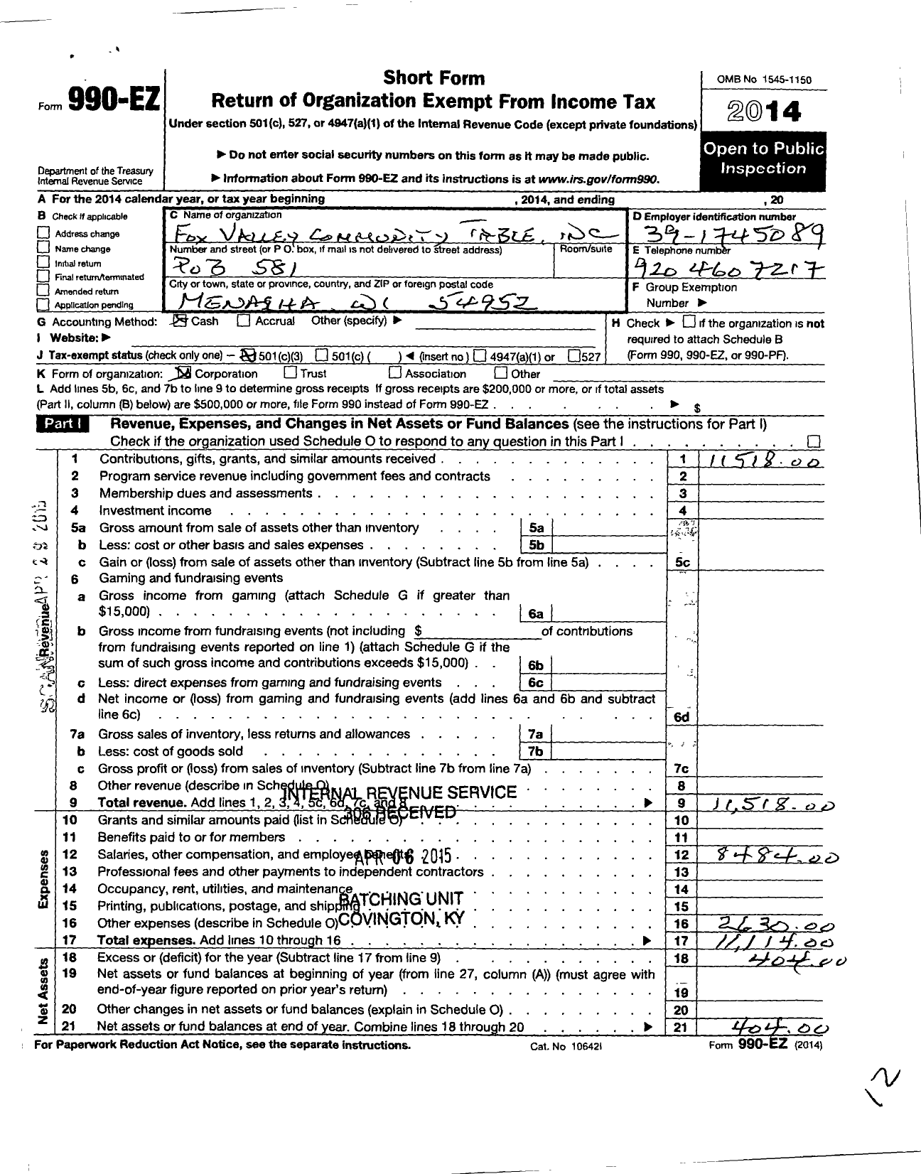 Image of first page of 2014 Form 990EZ for Fox Valley Community Table