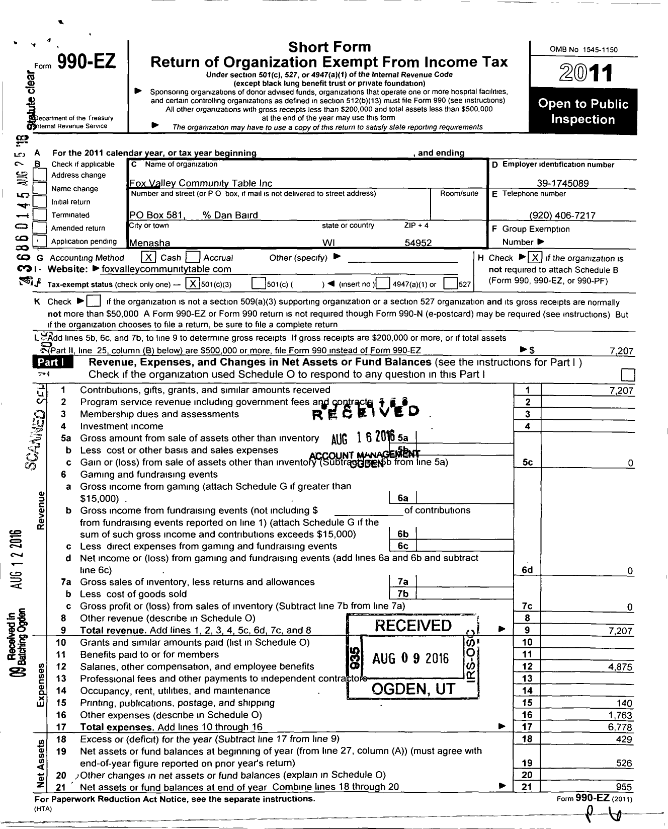 Image of first page of 2011 Form 990EZ for Fox Valley Community Table