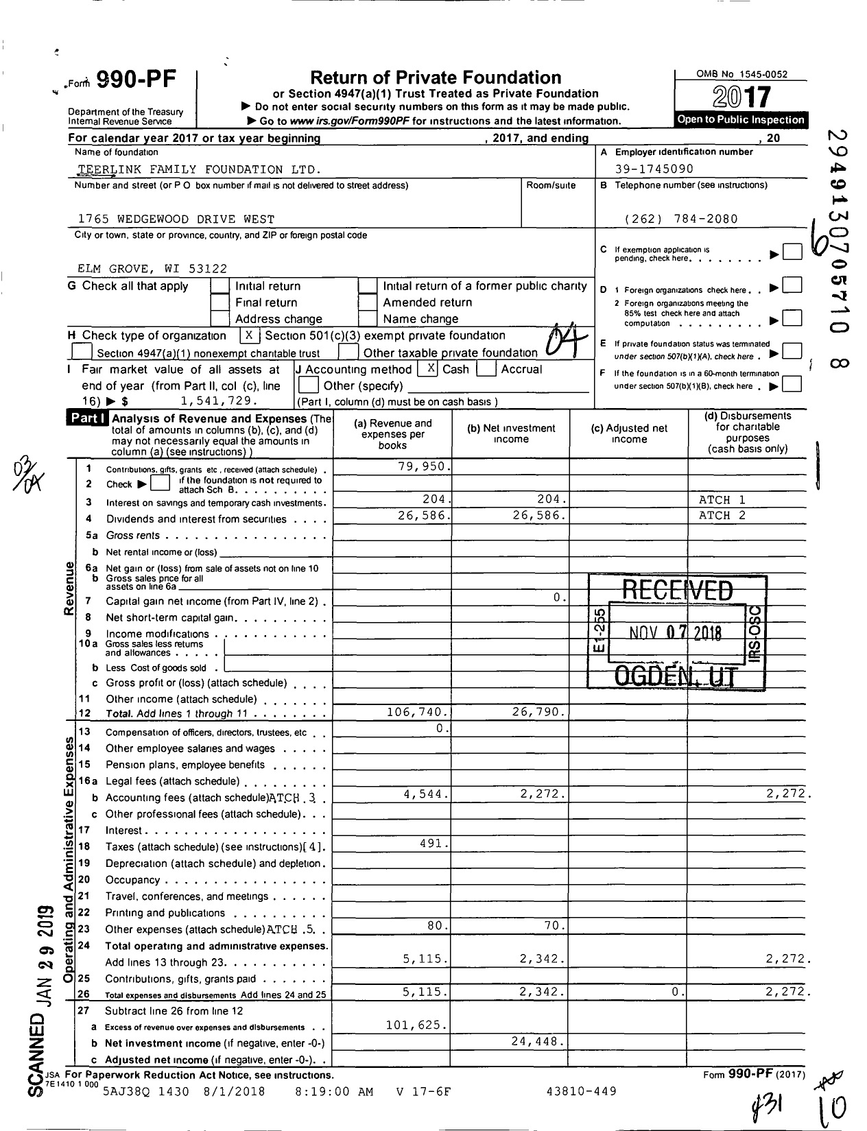 Image of first page of 2017 Form 990PF for Teerlink Family Foundation