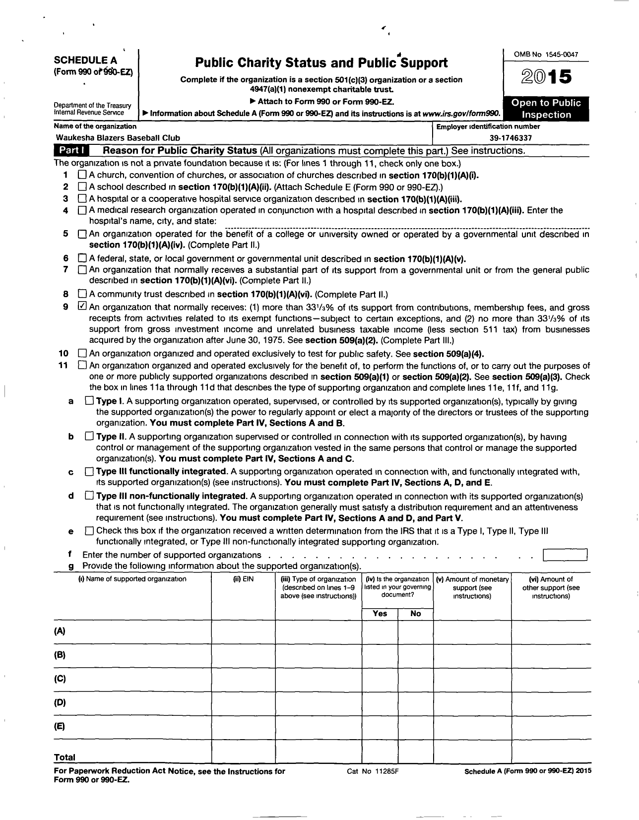 Image of first page of 2015 Form 990R for Waukesha Blazers Baseball Club