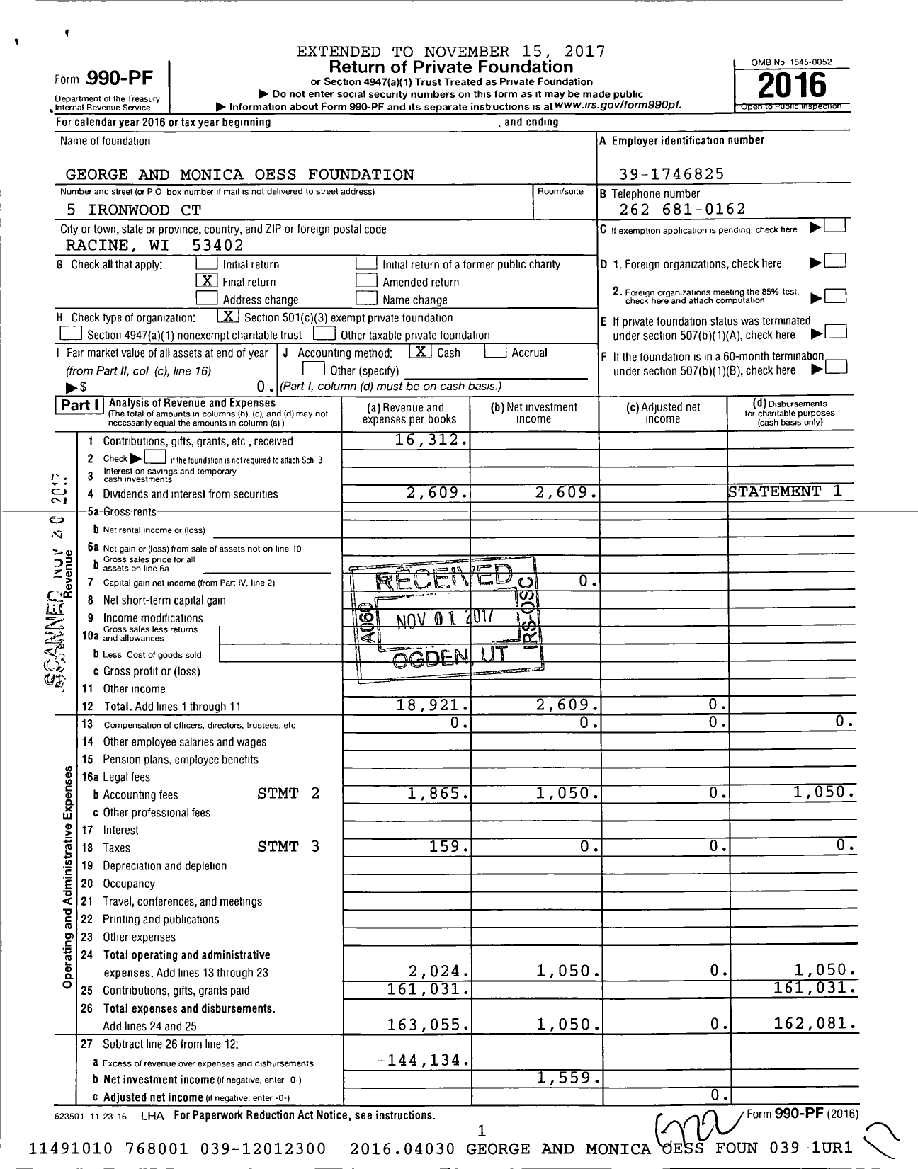 Image of first page of 2016 Form 990PF for George and Monica Oess Foundation