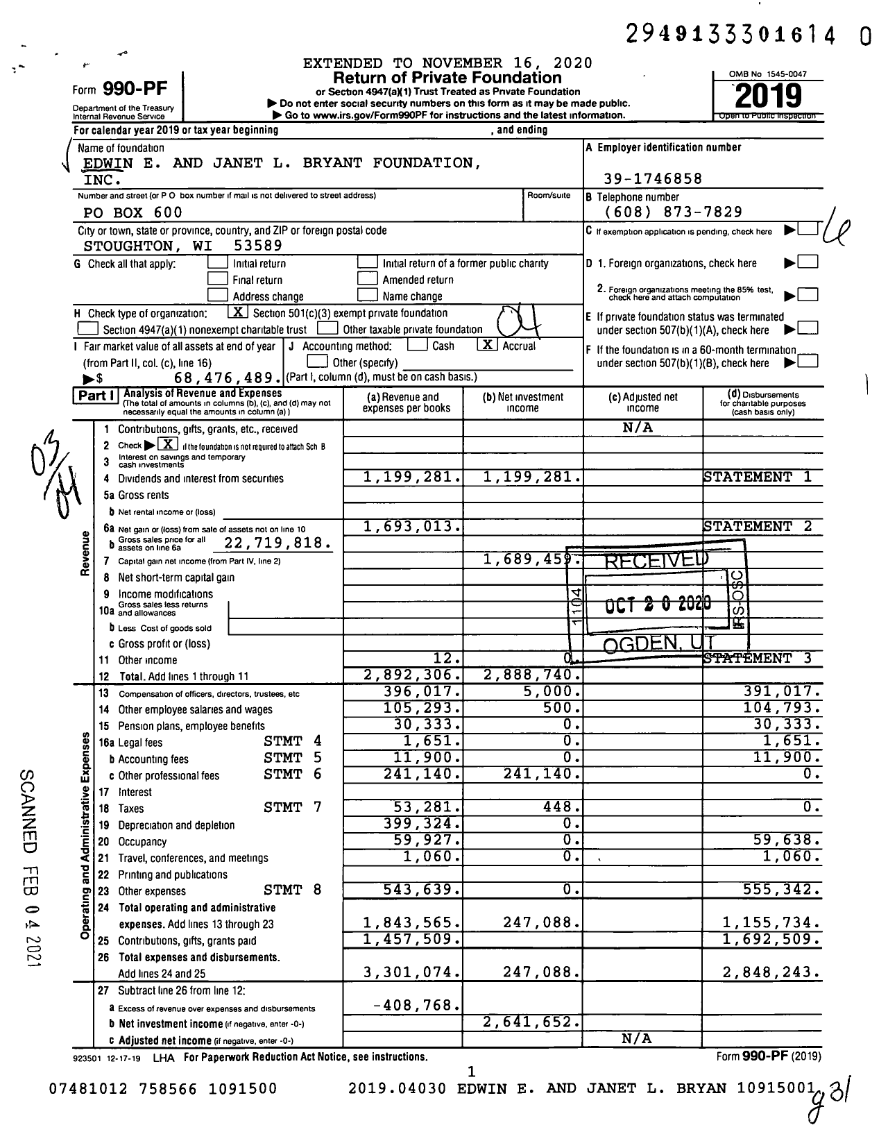 Image of first page of 2019 Form 990PF for Edwin E and Janet L Bryant Foundation