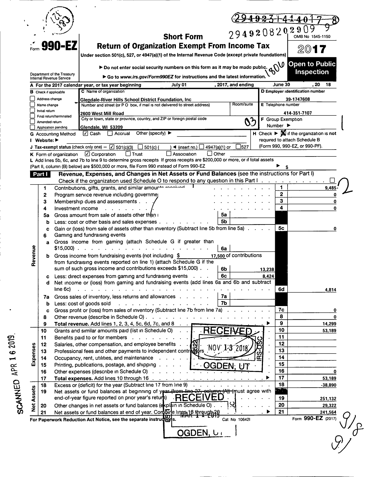 Image of first page of 2017 Form 990EZ for Glendale River Hills School District Foundation