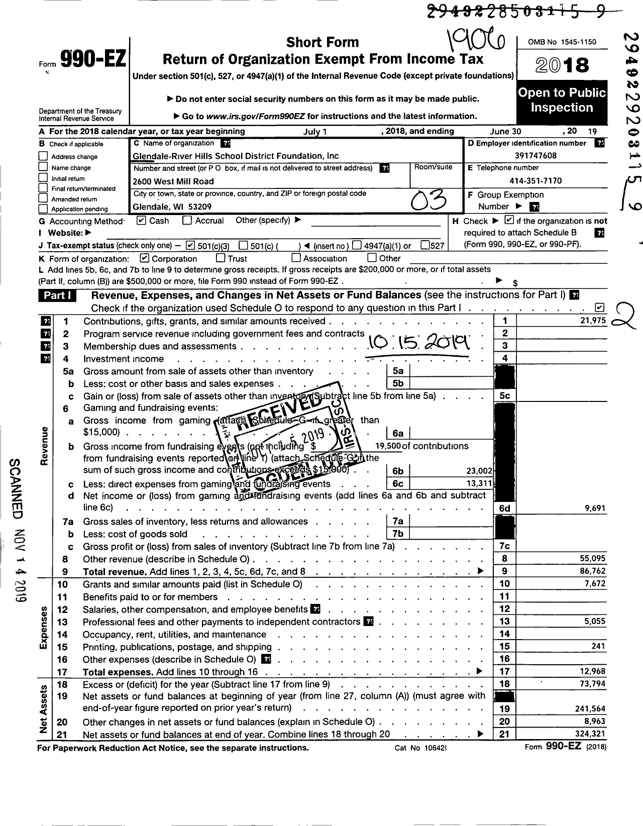 Image of first page of 2018 Form 990EZ for Glendale River Hills School District Foundation