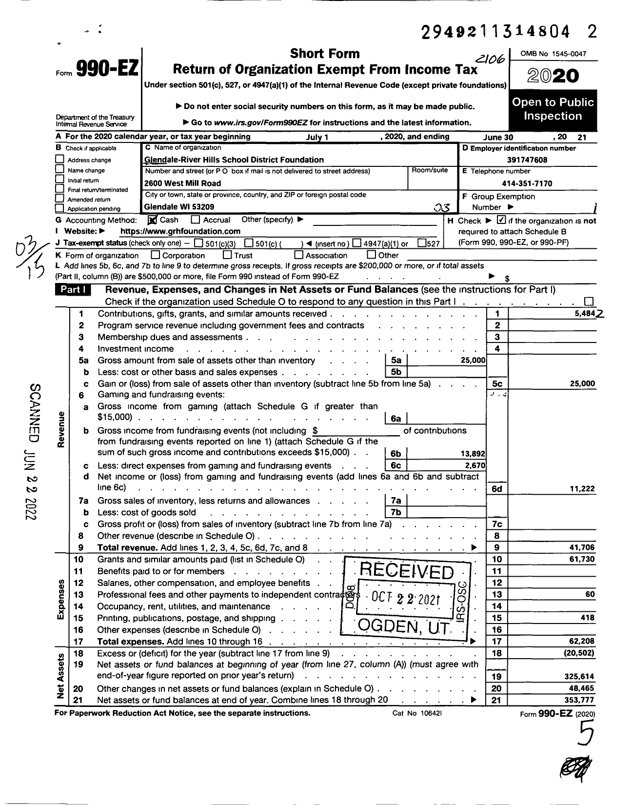 Image of first page of 2020 Form 990EZ for Glendale River Hills School District Foundation