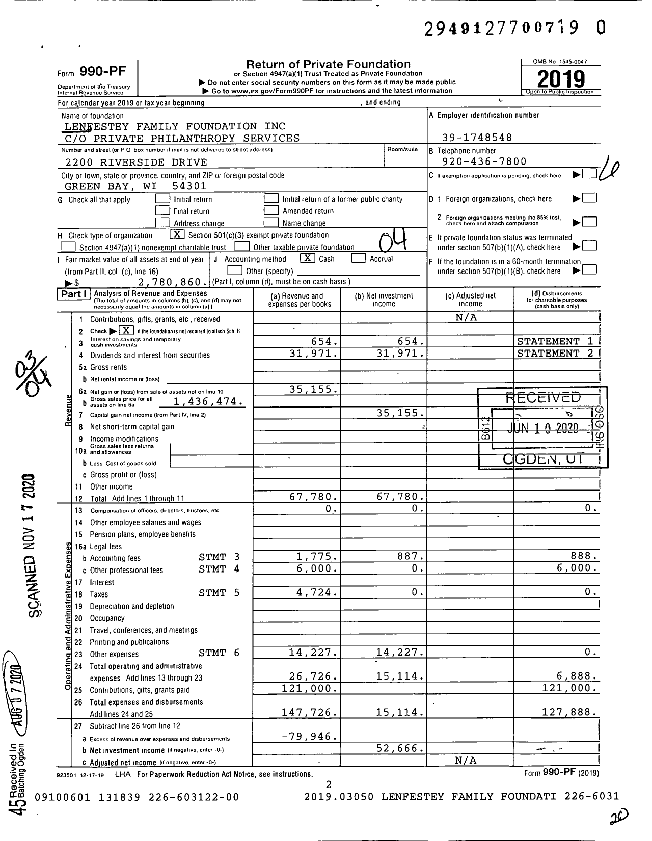 Image of first page of 2019 Form 990PF for Lenfestey Family Foundation