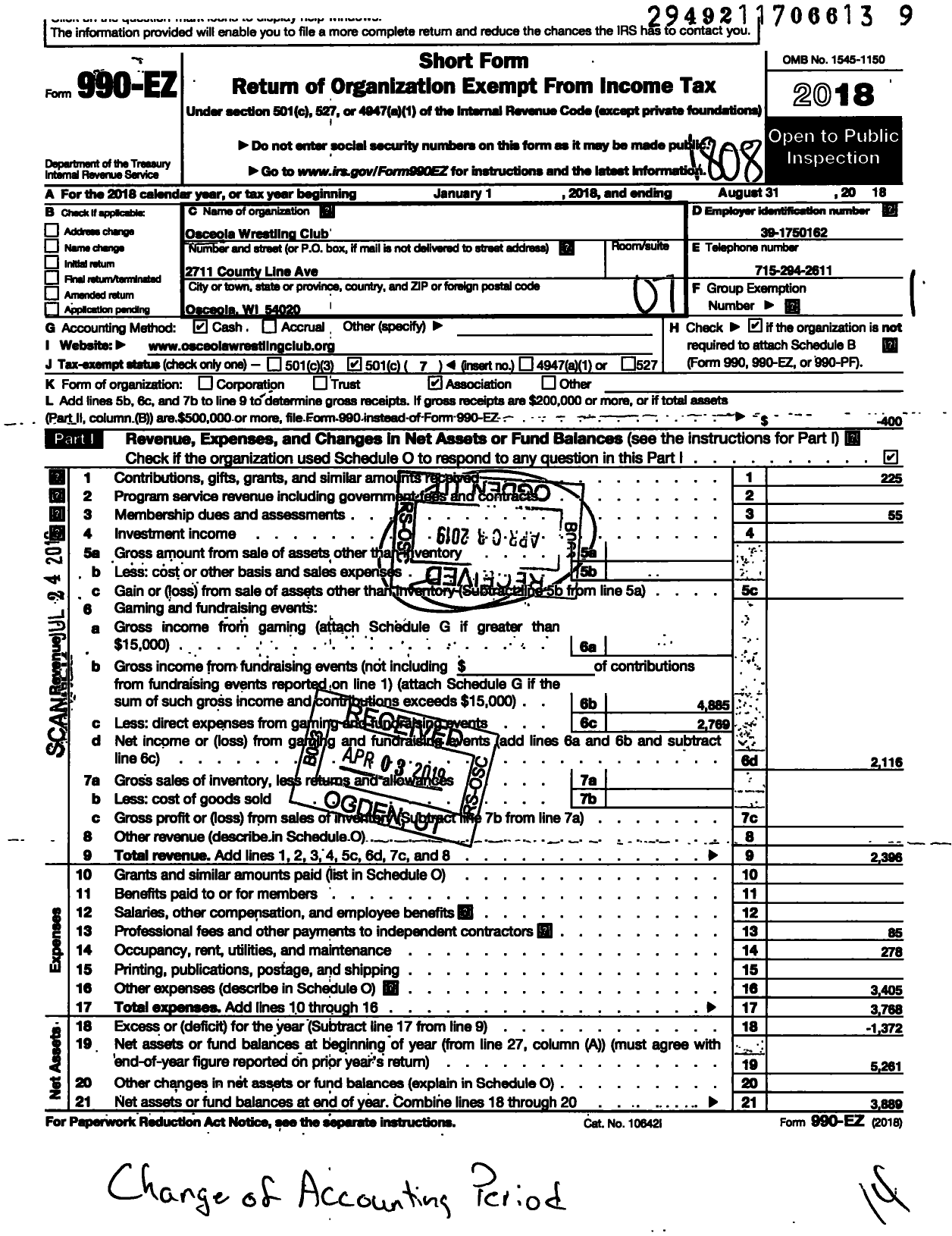 Image of first page of 2017 Form 990EO for Osceola Wrestling Club