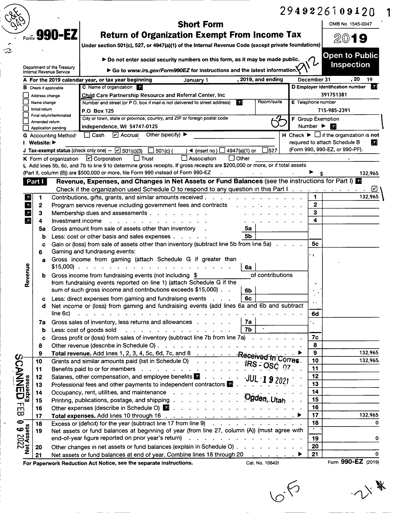 Image of first page of 2019 Form 990EZ for Child Care Partnership Resource and Referral Center