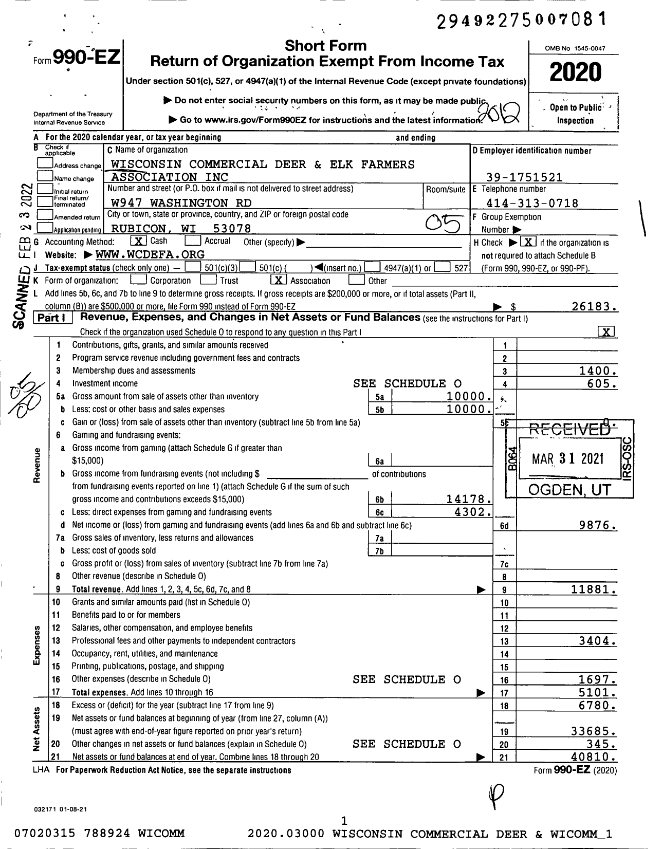 Image of first page of 2020 Form 990EO for Wisconsin Commercial Deer and Elk Farmers Association