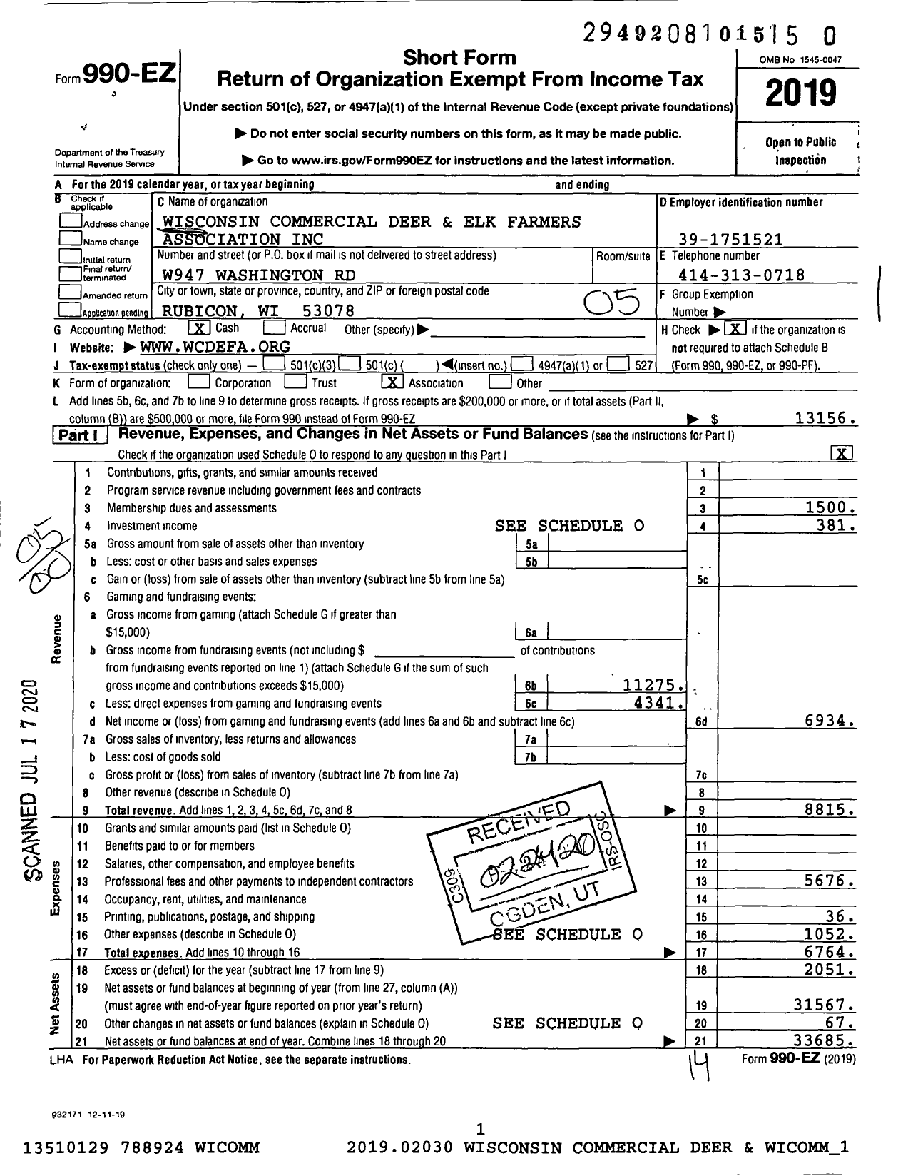 Image of first page of 2019 Form 990EO for Wisconsin Commercial Deer and Elk Farmers Association